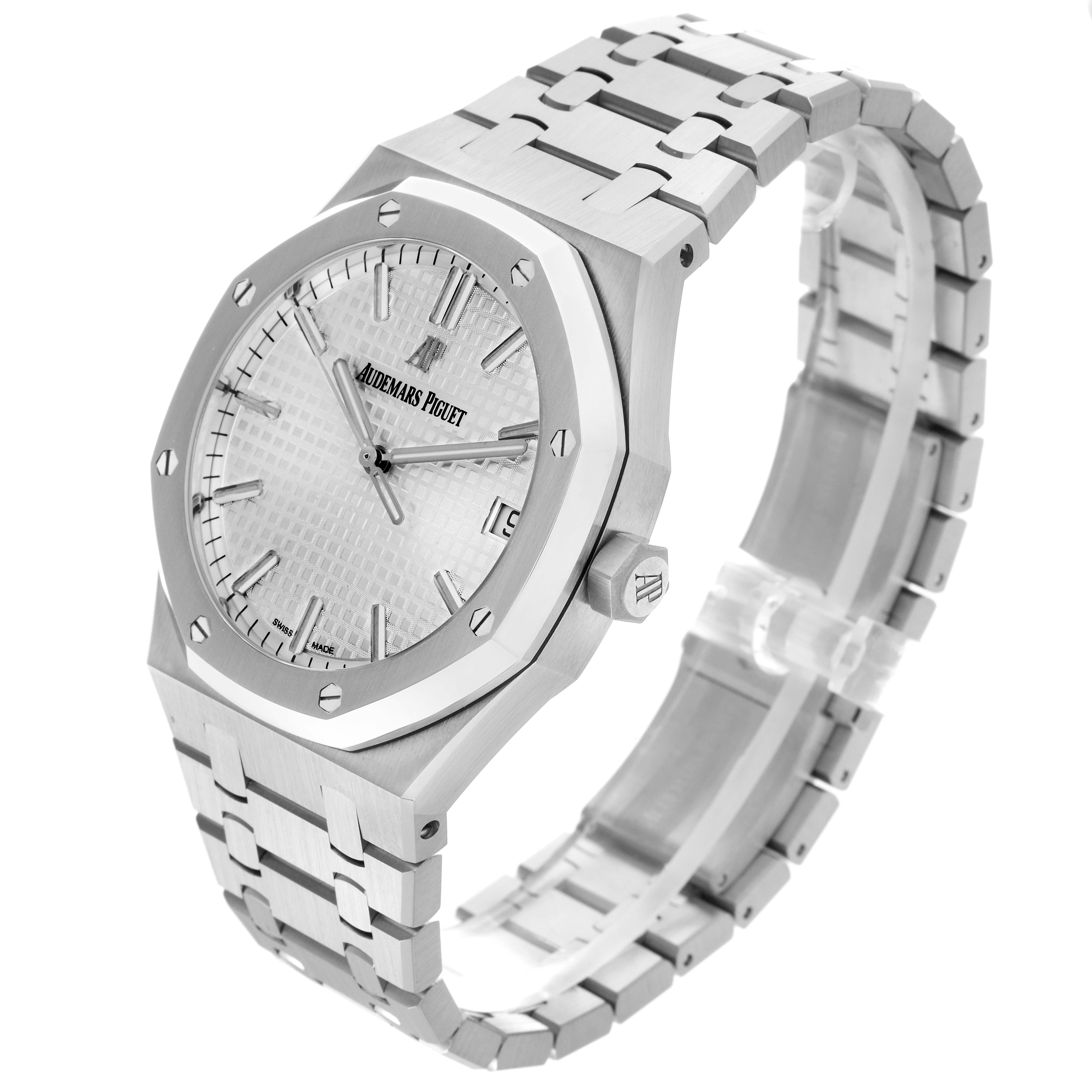 The Audemars Piguet Royal Oak 15300ST.OO.1220ST.04 Men's Stainless Steel White Dial 15300ST.OO.1220ST.04 Men's Stainless Steel White Dial watch is shown at a three-quarter angle, highlighting its octagonal bezel, dial, and integrated bracelet.