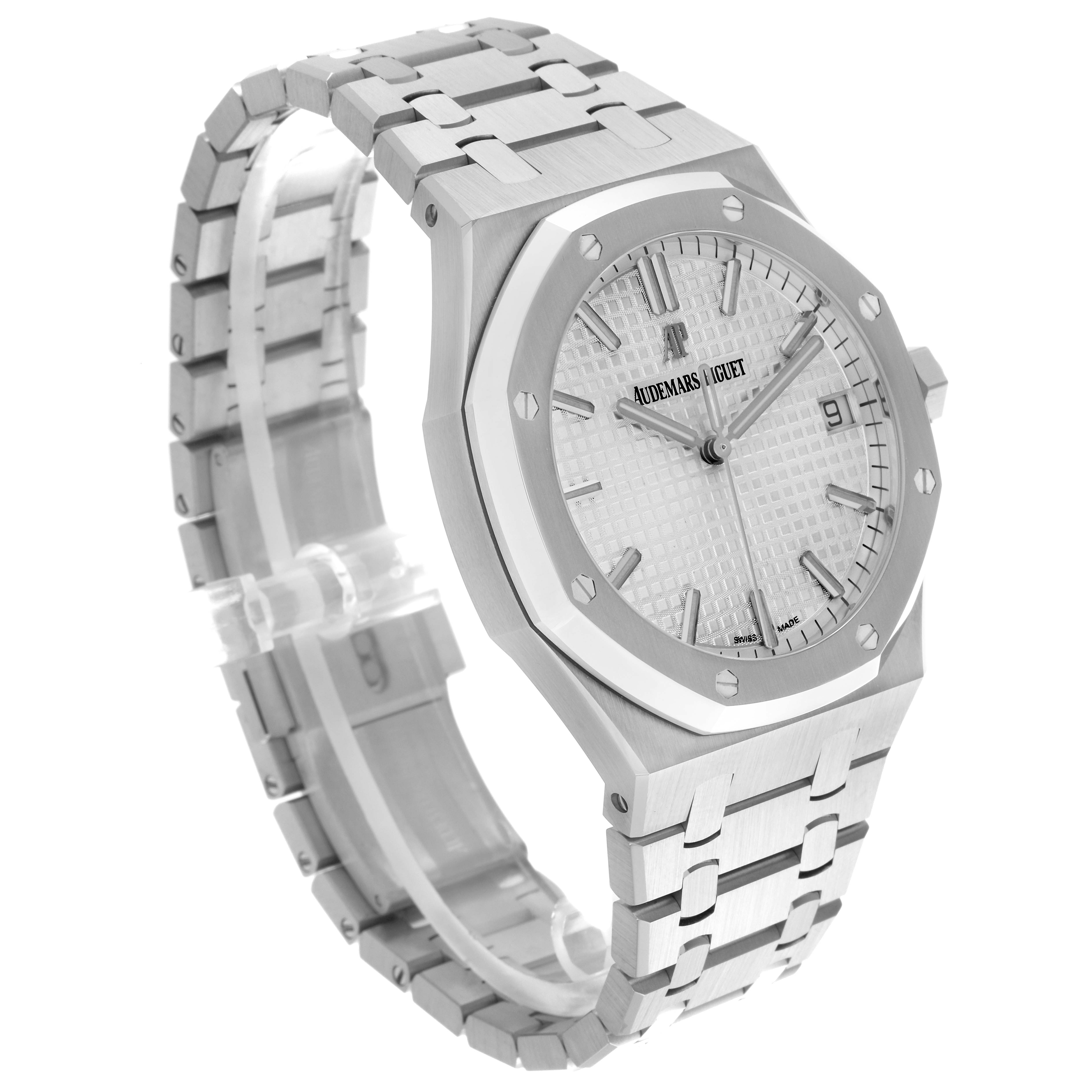 This image shows the Audemars Piguet Royal Oak 15300ST.OO.1220ST.04 Men's Stainless Steel White Dial 15300ST.OO.1220ST.04 Men's Stainless Steel White Dial watch from a three-quarter angle, highlighting the face, bezel, bracelet, and clasp.