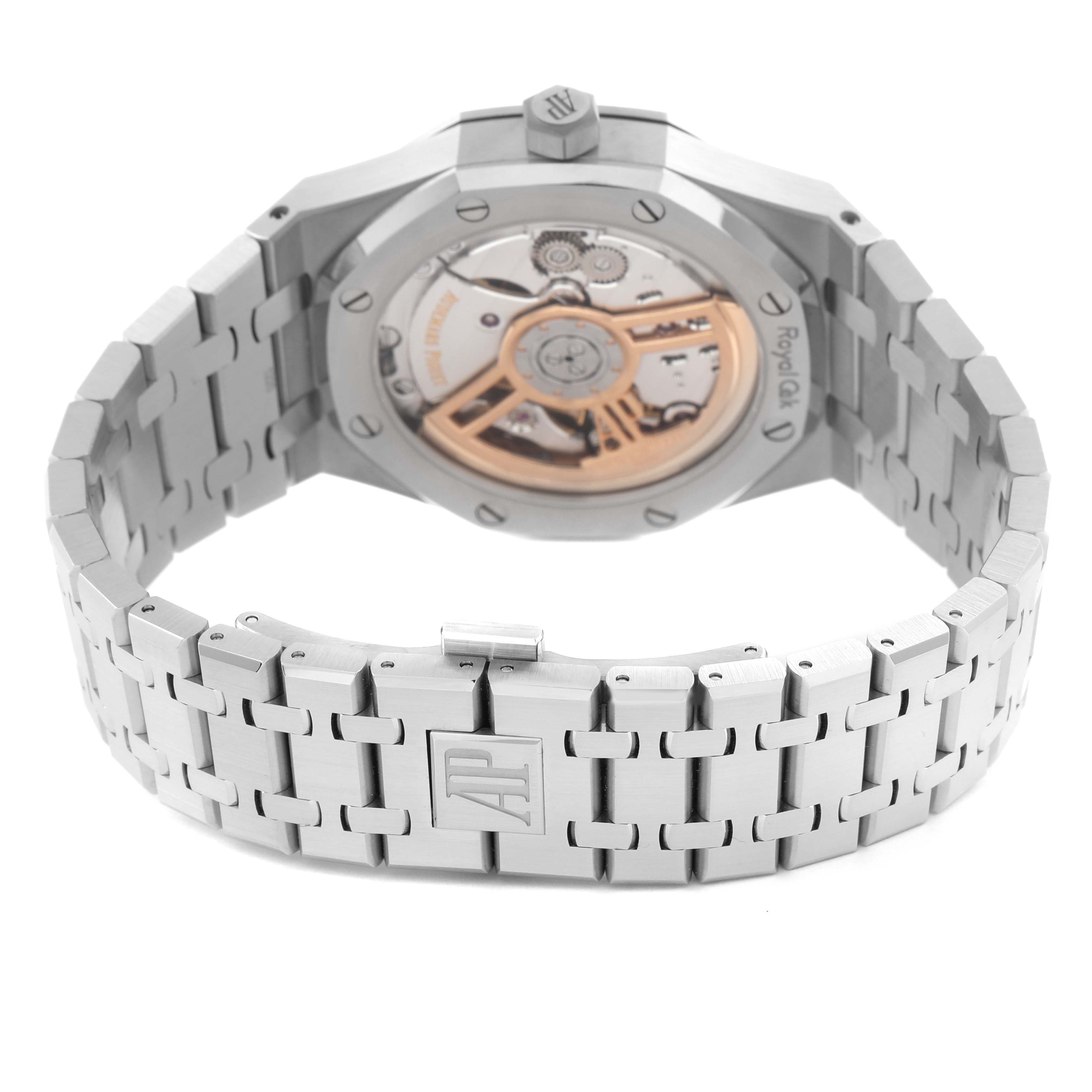 The watch is shown from the back, displaying the movement and bracelet of the Audemars Piguet Royal Oak 15300ST.OO.1220ST.04 Men's Stainless Steel White Dial 15300ST.OO.1220ST.04 Men's Stainless Steel White Dial.