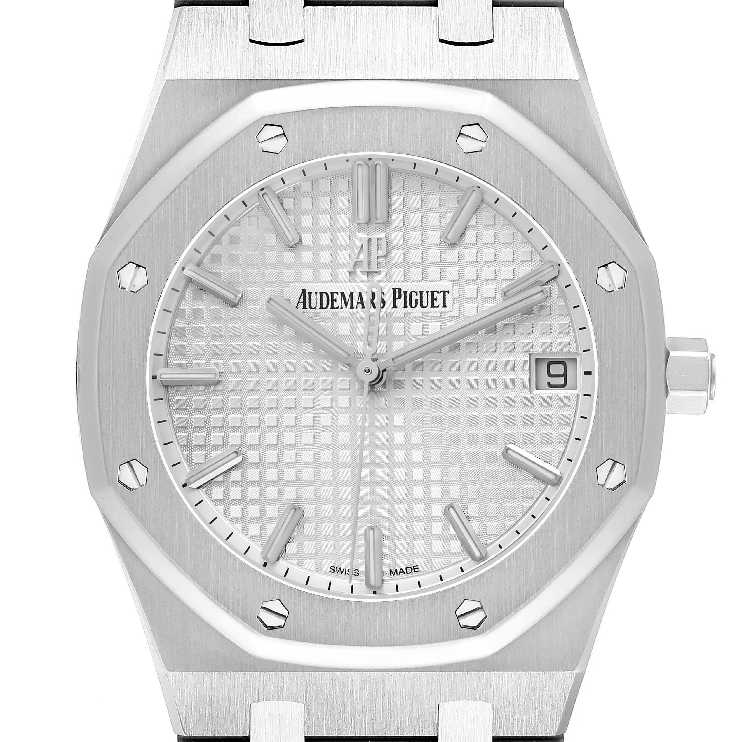The Royal Oak by Audemars Piguet is shown head-on, highlighting its octagonal bezel, dial, and crown.
