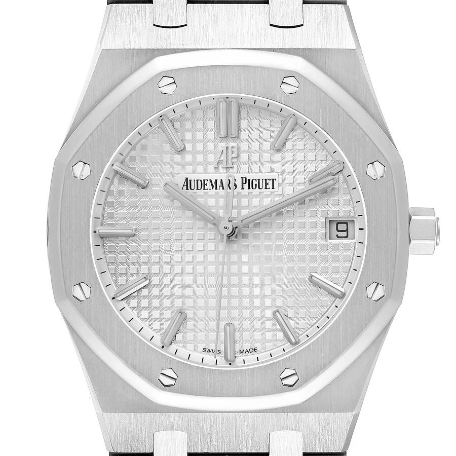The Royal Oak by Audemars Piguet is shown head-on, highlighting its octagonal bezel, dial, and crown.