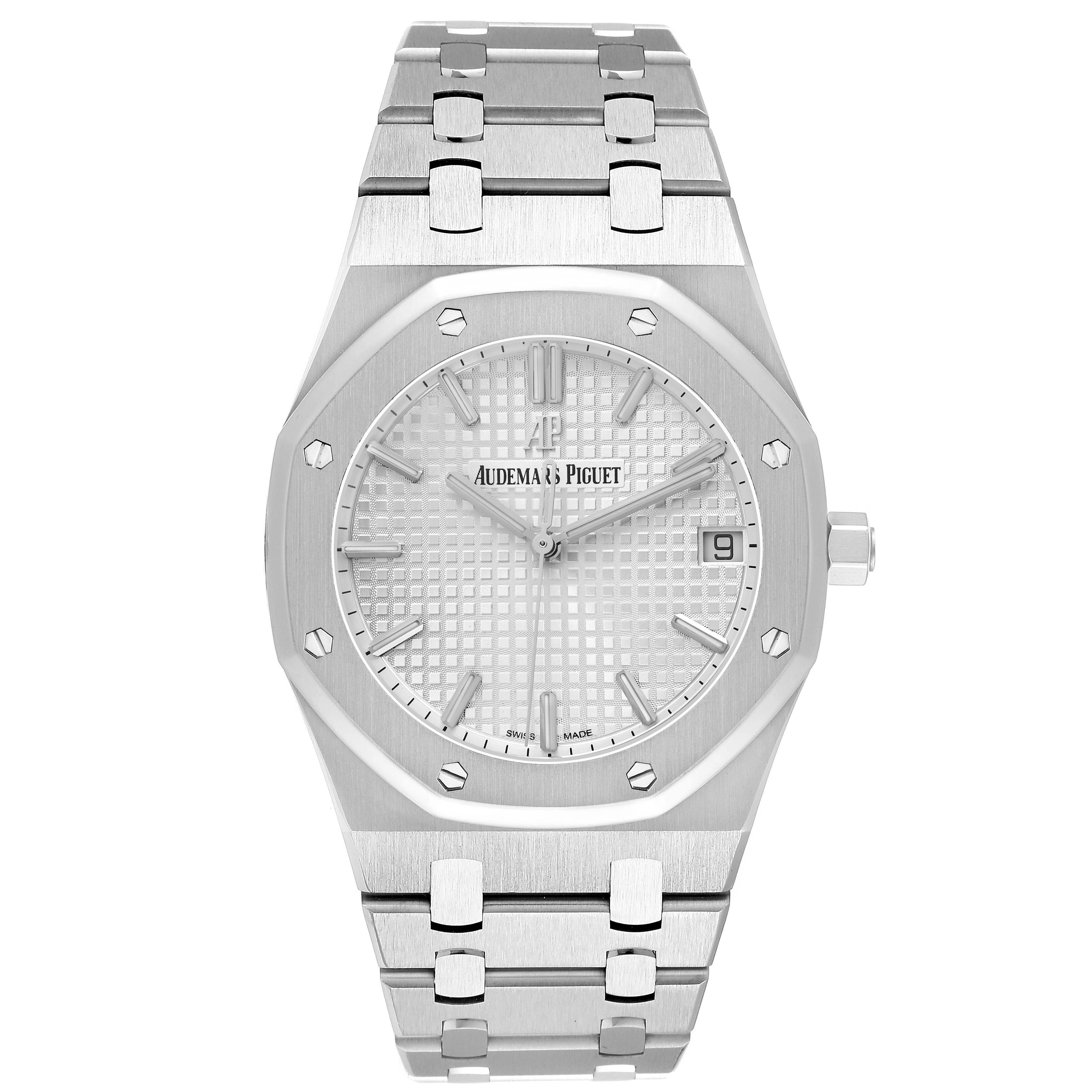 The Audemars Piguet Royal Oak 15300ST.OO.1220ST.04 Men's Stainless Steel White Dial 15300ST.OO.1220ST.04 Men's Stainless Steel White Dial watch is shown from a front angle, highlighting its face, bezel, and bracelet.