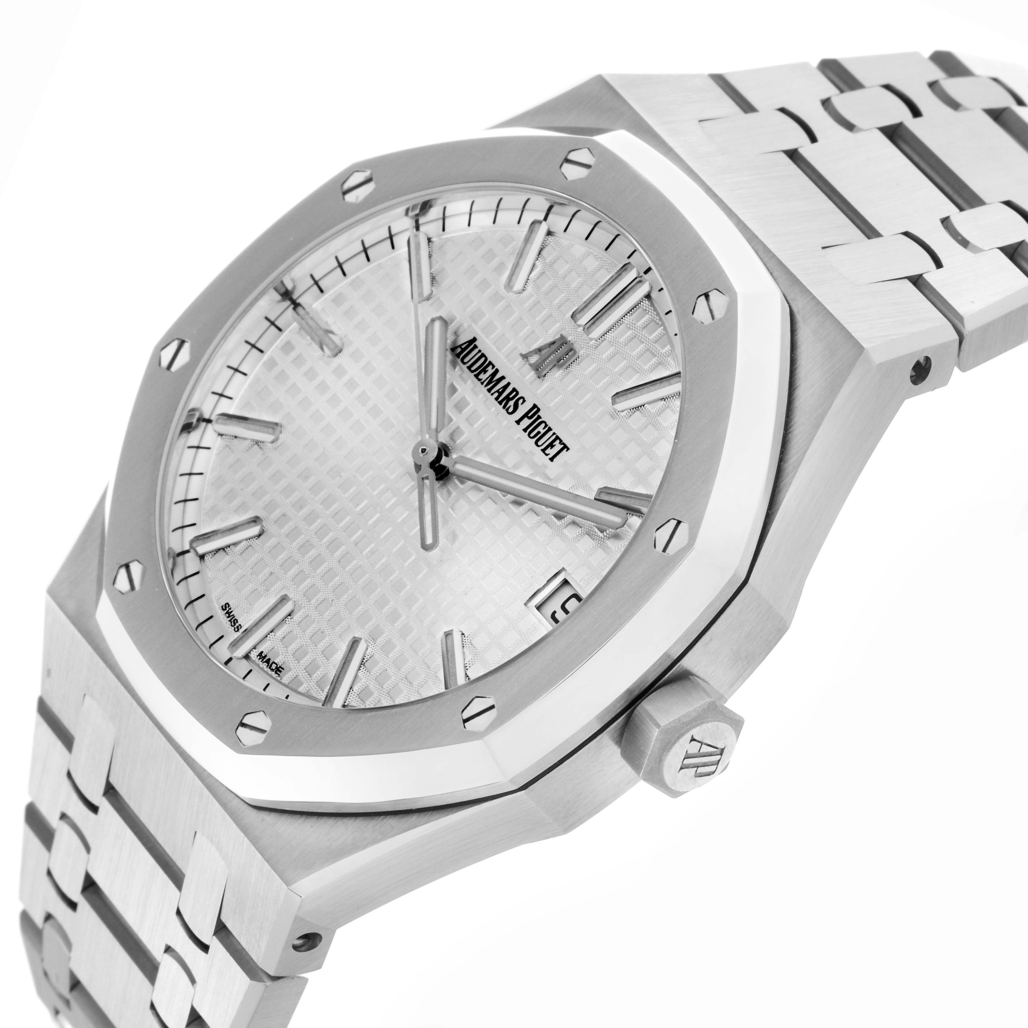 The Audemars Piguet Royal Oak 15300ST.OO.1220ST.04 Men's Stainless Steel White Dial 15300ST.OO.1220ST.04 Men's Stainless Steel White Dial is shown in a side angle, highlighting the watch face, bezel, bracelet, and crown.