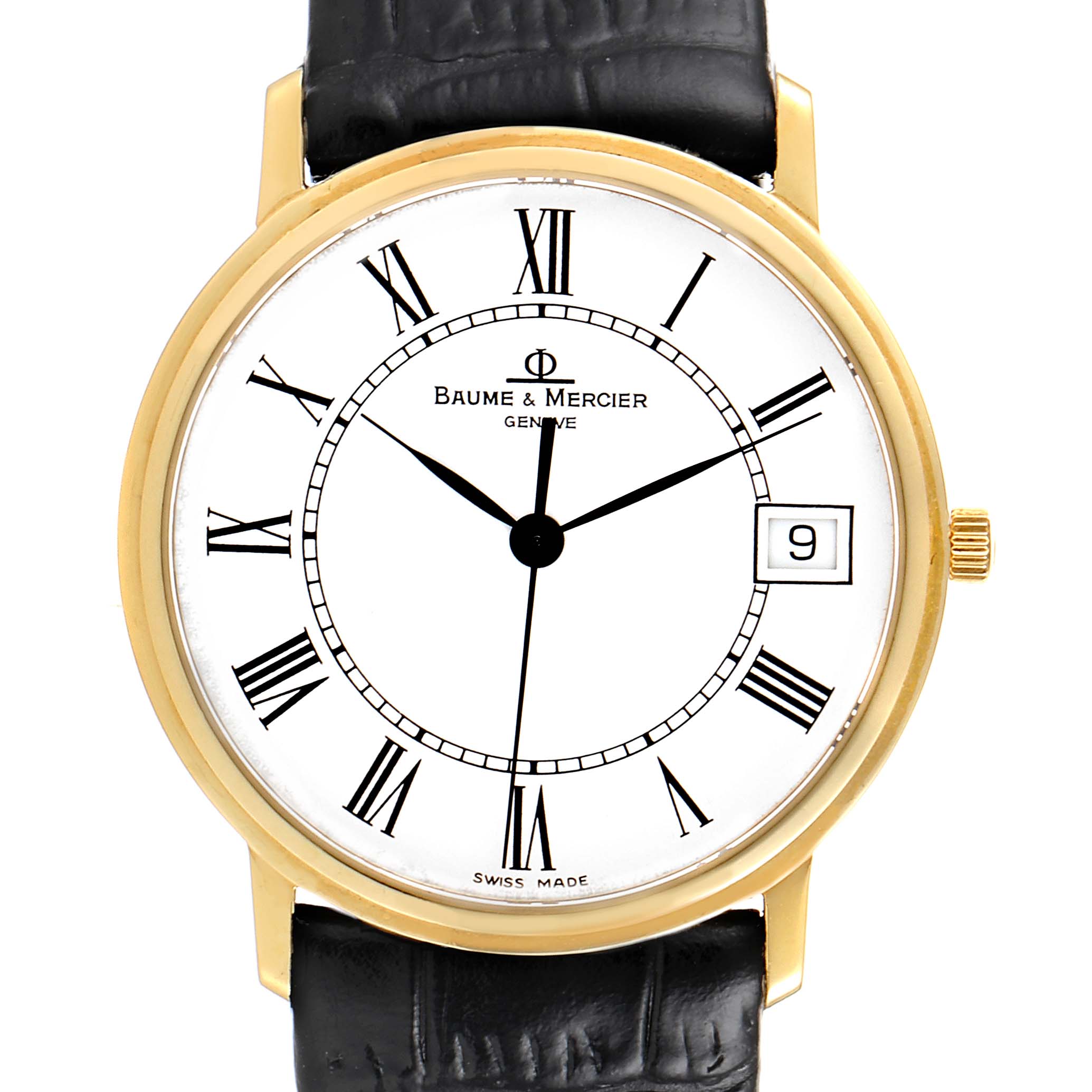 The image shows a front view of a Baume & Mercier Classima MV045093 Men's Yellow Gold White Dial MV045093 Men's Yellow Gold White Dial watch with a leather strap, white dial, Roman numerals, and a date window.