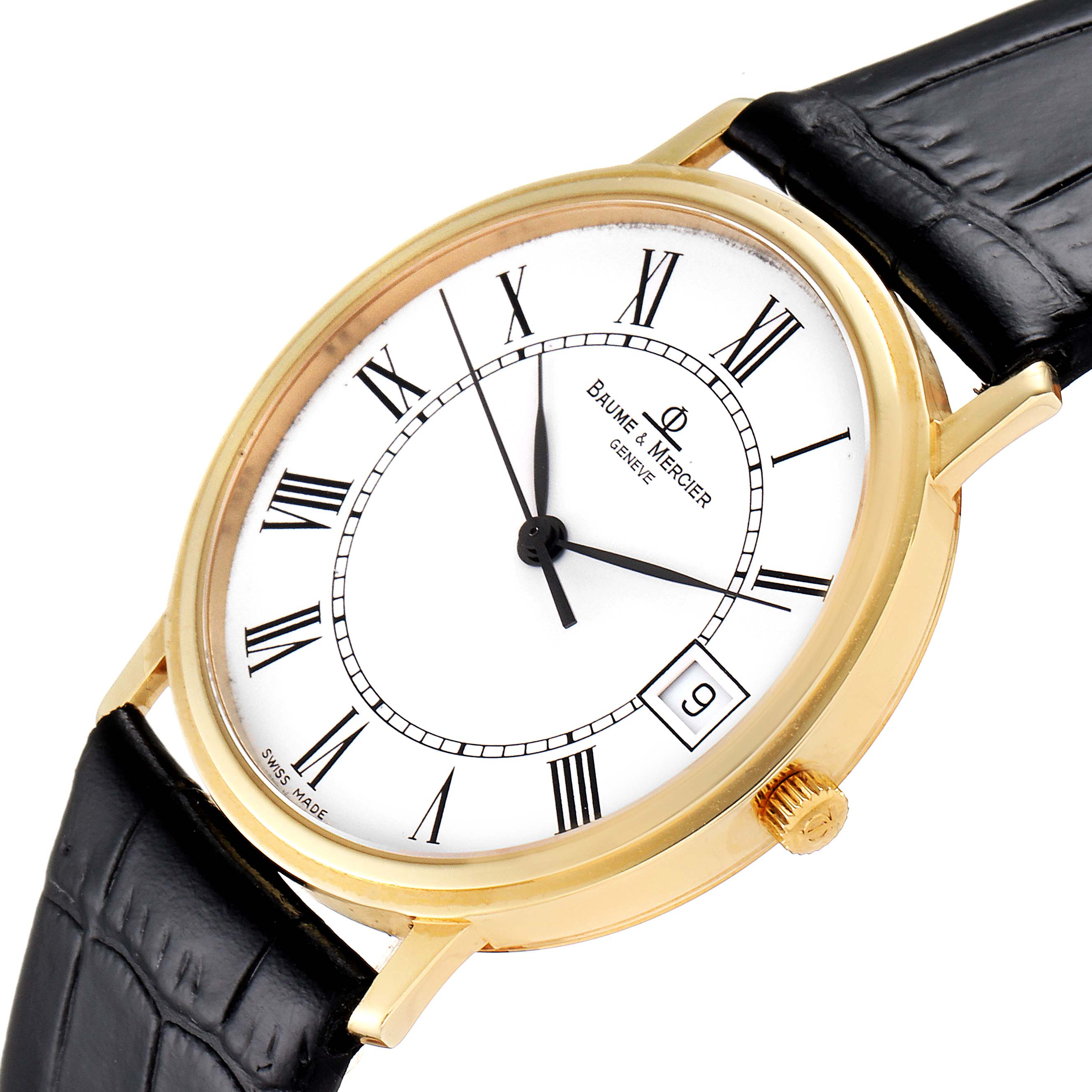 The Baume & Mercier Classima MV045093 Men's Yellow Gold White Dial MV045093 Men's Yellow Gold White Dial watch is shown at an angled side view, highlighting its gold case, white dial, date window, and black leather strap.