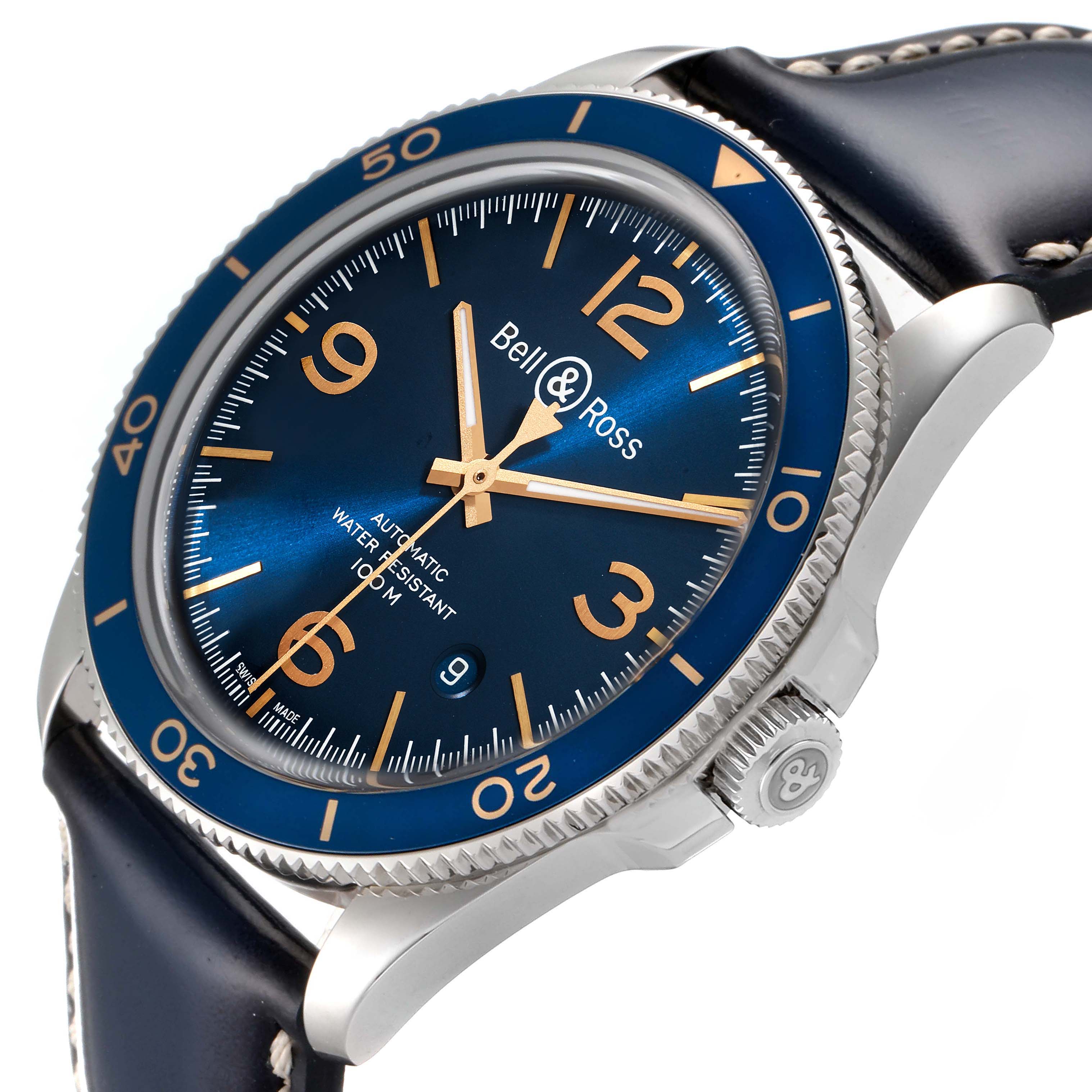 The image shows a side angle of the Bell & Ross Heritage BRV292-BU-G-ST/SCA Men's Stainless Steel Blue Dial BRV292-BU-G-ST/SCA Men's Stainless Steel Blue Dial model, highlighting the blue dial, bezel, crown, and leather strap.