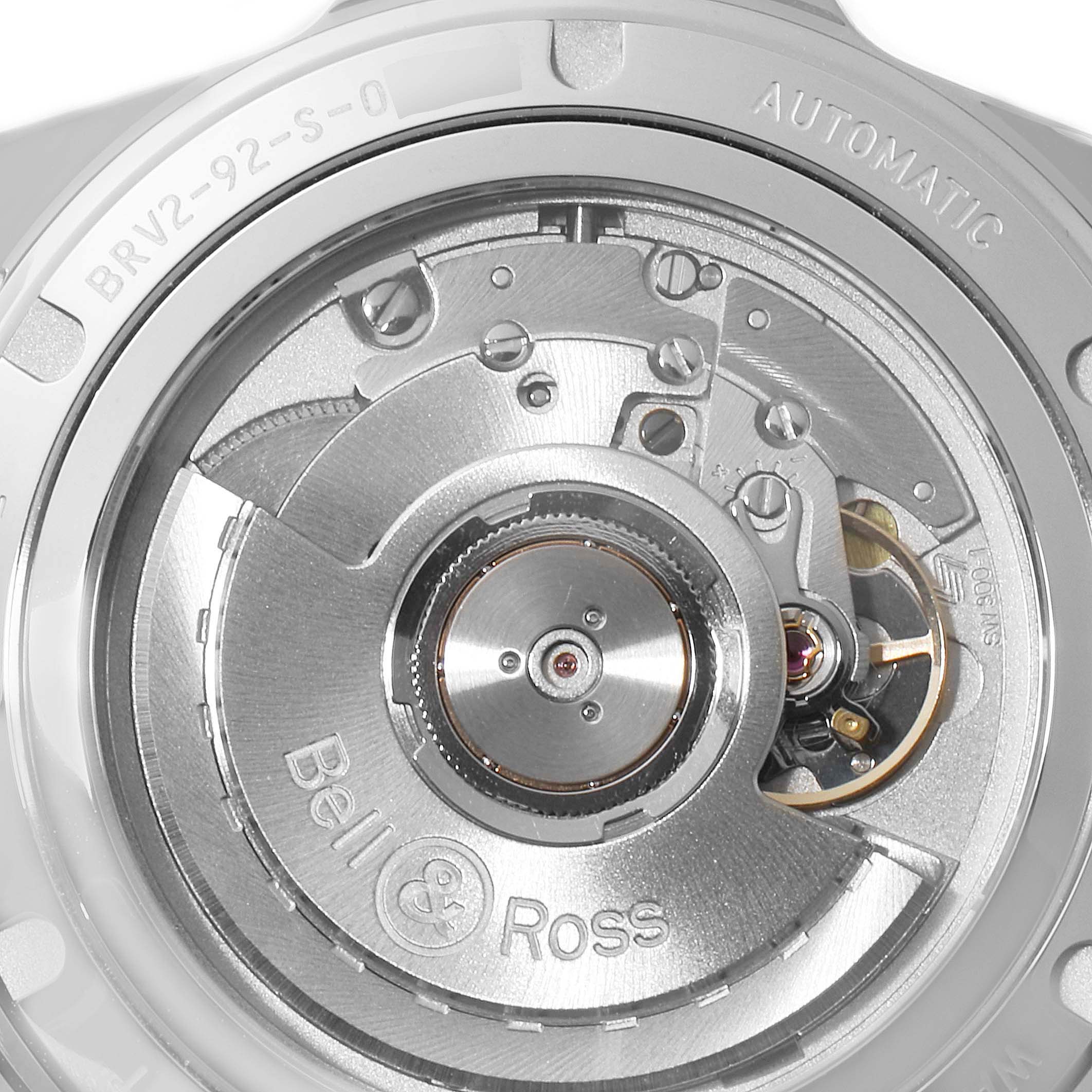 This image shows the back view of the Bell & Ross Heritage BRV292-BU-G-ST/SCA Men's Stainless Steel Blue Dial BRV292-BU-G-ST/SCA Men's Stainless Steel Blue Dial model BRV2-92-S-0, displaying its automatic movement mechanism.