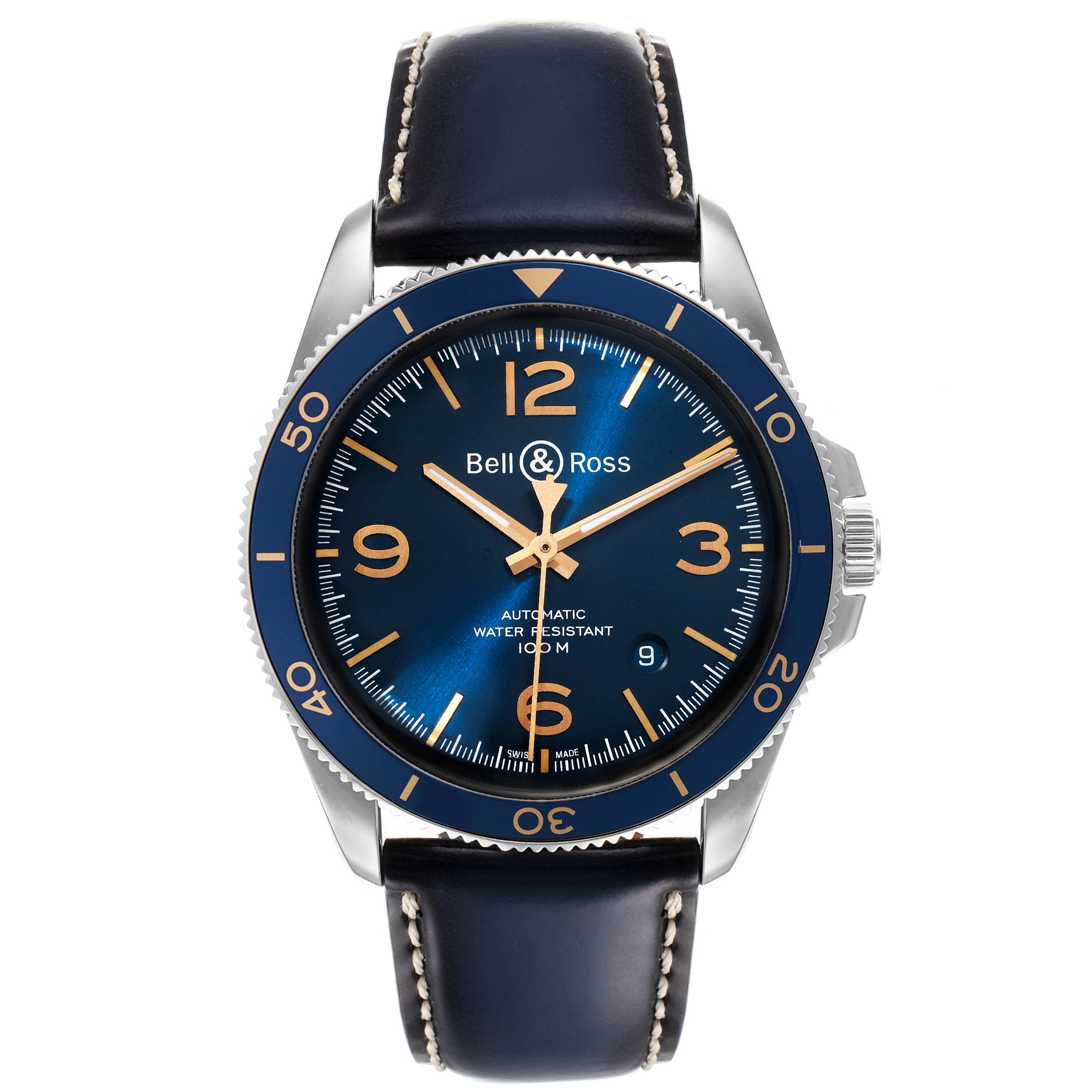 The image shows a front view of a Bell & Ross Heritage BRV292-BU-G-ST/SCA Men's Stainless Steel Blue Dial BRV292-BU-G-ST/SCA Men's Stainless Steel Blue Dial model watch, highlighting its face, bezel, and leather strap.