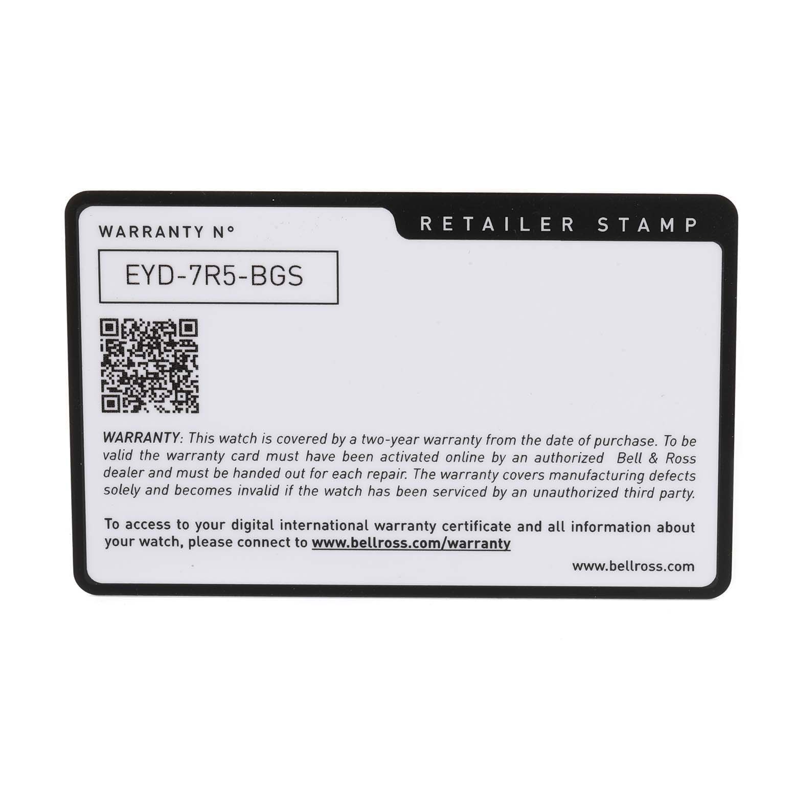 The image shows a warranty card for the Bell & Ross Heritage BRV292-BU-G-ST/SCA Men's Stainless Steel Blue Dial BRV292-BU-G-ST/SCA Men's Stainless Steel Blue Dial model watch.