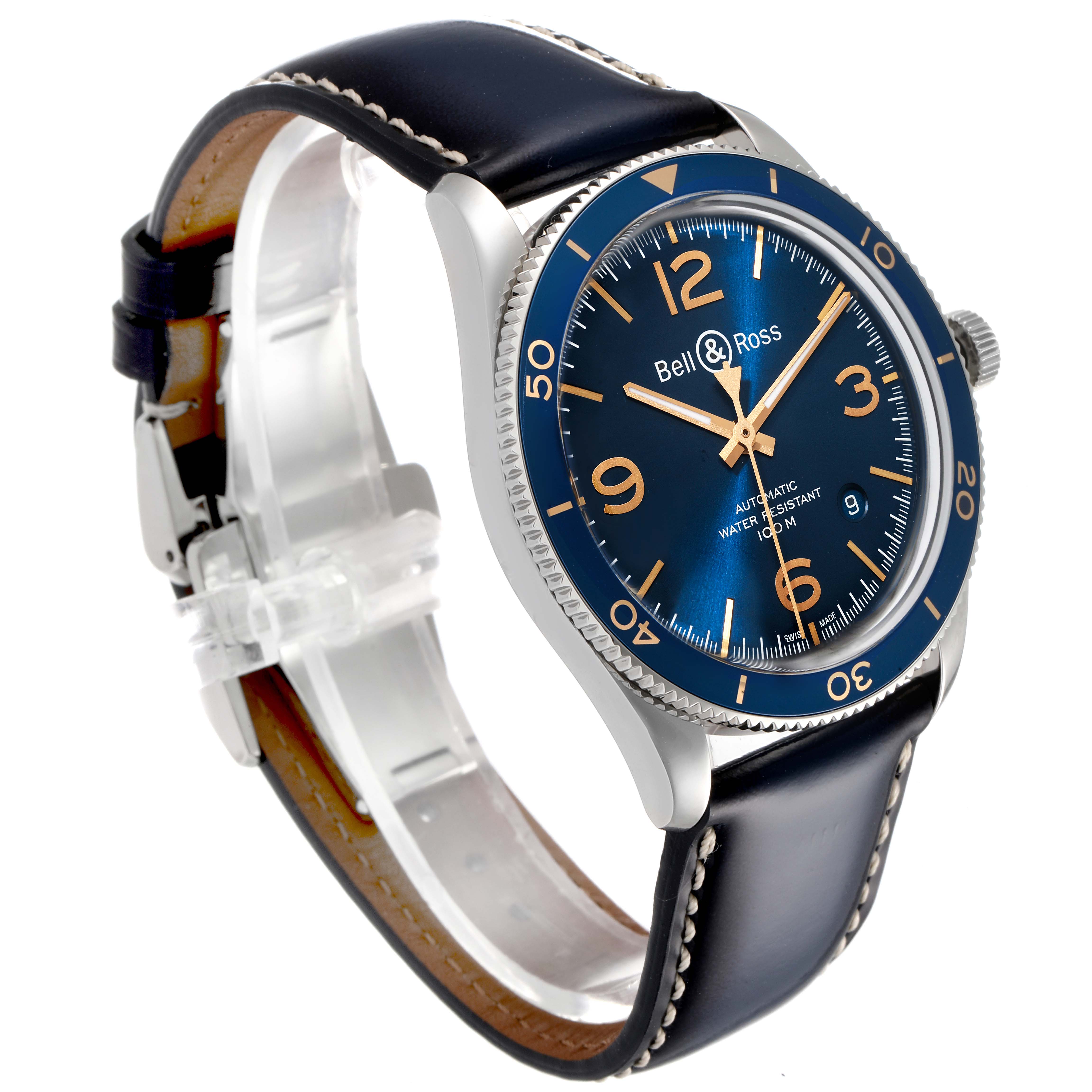 The image shows a side angle of the Bell & Ross Heritage BRV292-BU-G-ST/SCA Men's Stainless Steel Blue Dial BRV292-BU-G-ST/SCA Men's Stainless Steel Blue Dial model, featuring its blue dial, bezel, and leather strap.