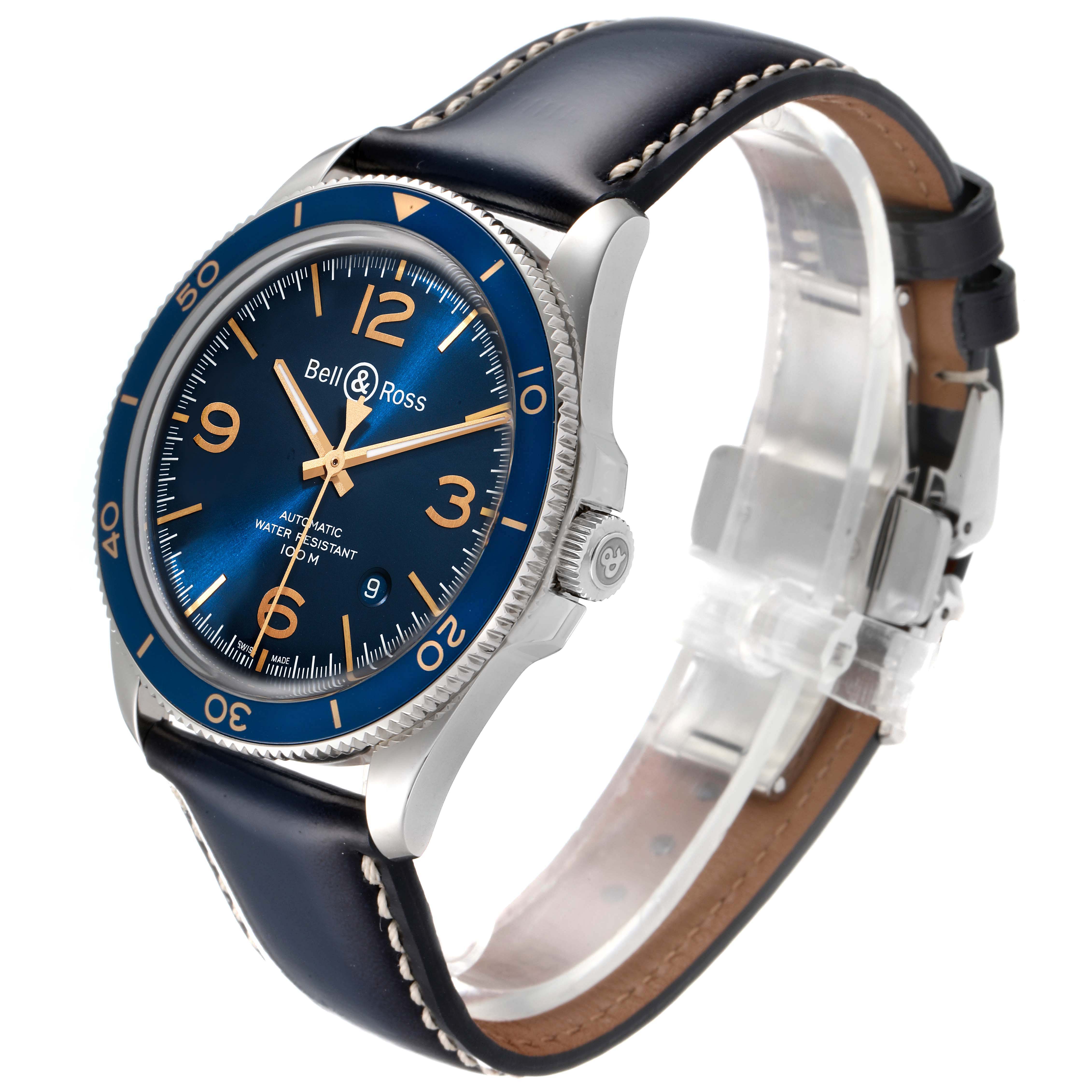 This image shows a side angle view of the Bell & Ross Heritage BRV292-BU-G-ST/SCA Men's Stainless Steel Blue Dial BRV292-BU-G-ST/SCA Men's Stainless Steel Blue Dial model watch, displaying the face, case, and leather strap.