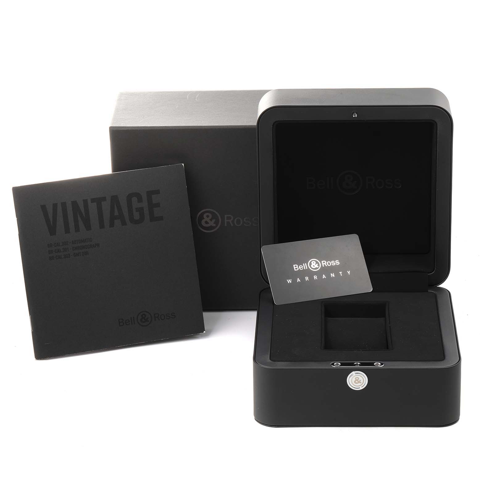 The image shows the box, warranty card, and manual of the Vintage model by Bell & Ross.