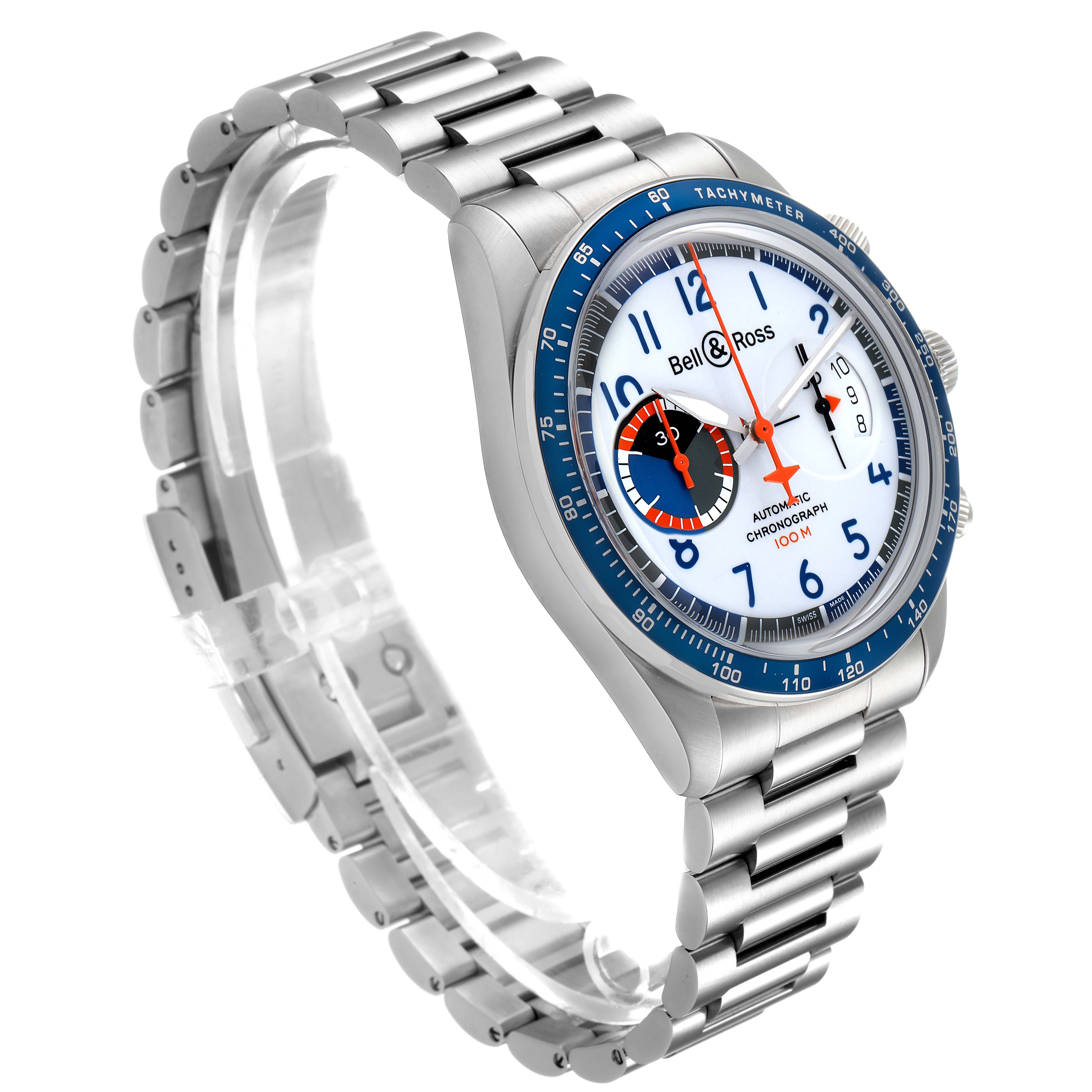 This image shows the Bell & Ross Vintage model watch from a three-quarter front angled view, focusing on the face, bezel, and bracelet.