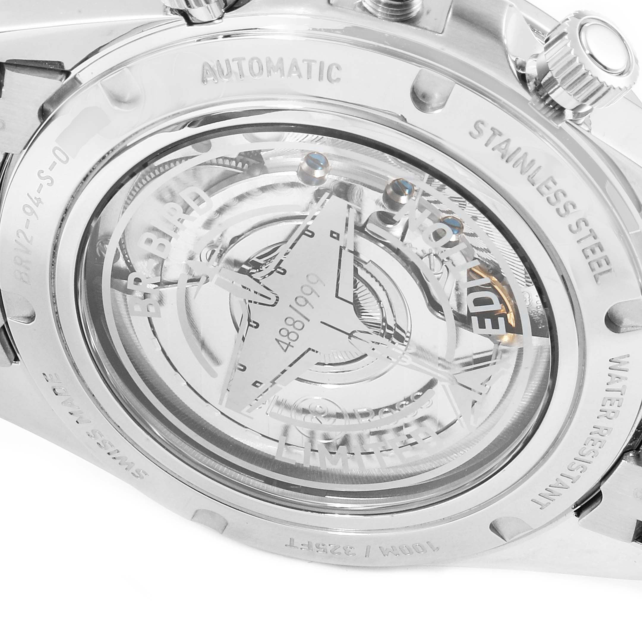 This image shows the back of a Bell & Ross Vintage model watch, highlighting its automatic movement and stainless steel case.