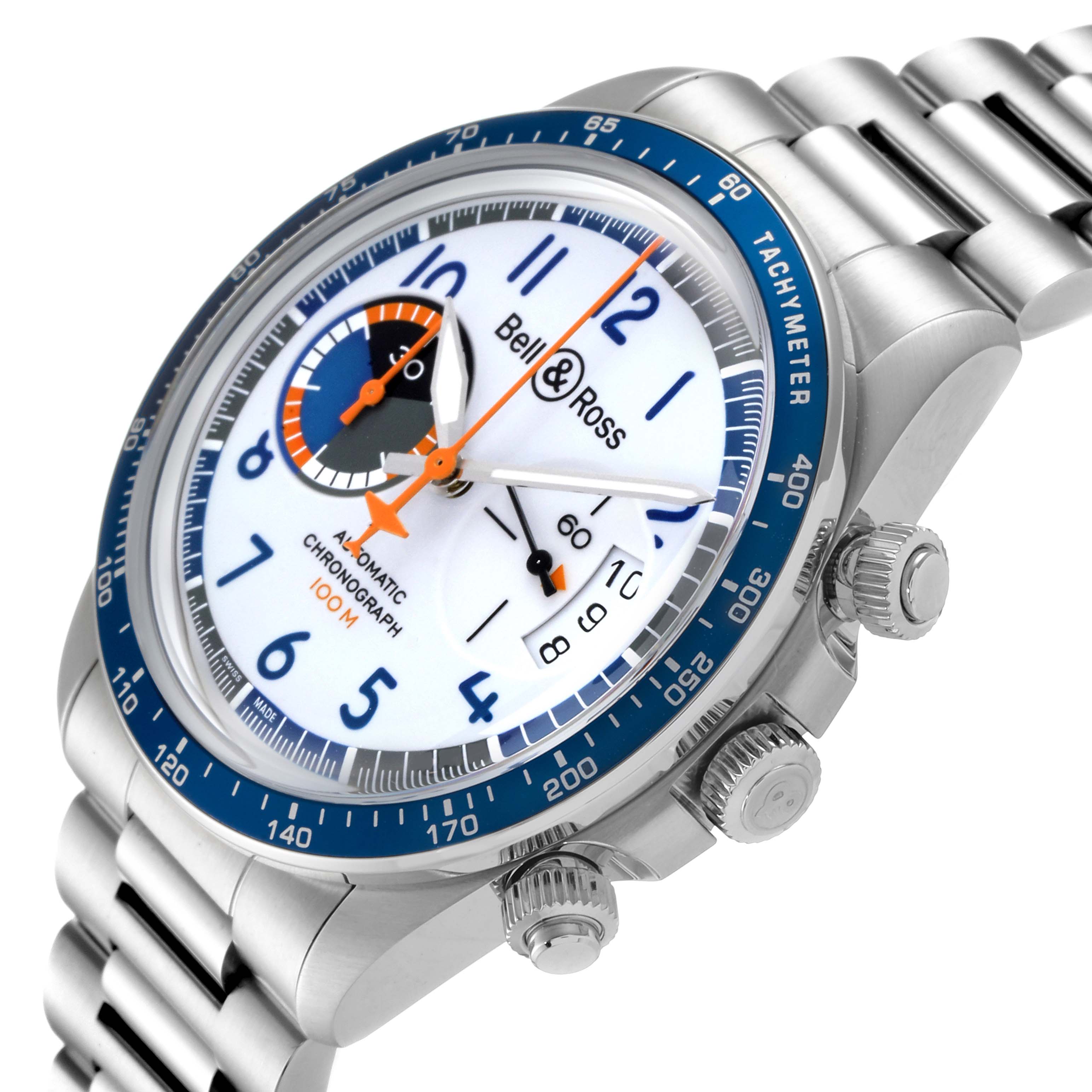 The Bell & Ross Vintage model watch is shown at an angled view, displaying the face, crown, and chronograph pushers.