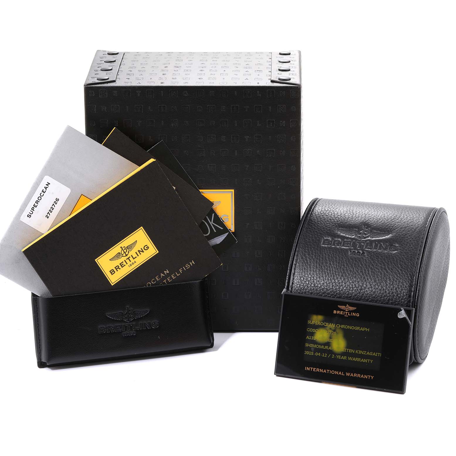 The image shows the packaging, manual, and warranty card for the Breitling Superocean A13341C3/BD19 Men's Stainless Steel Black Dial A13341C3/BD19 Men's Stainless Steel Black Dial model watch.