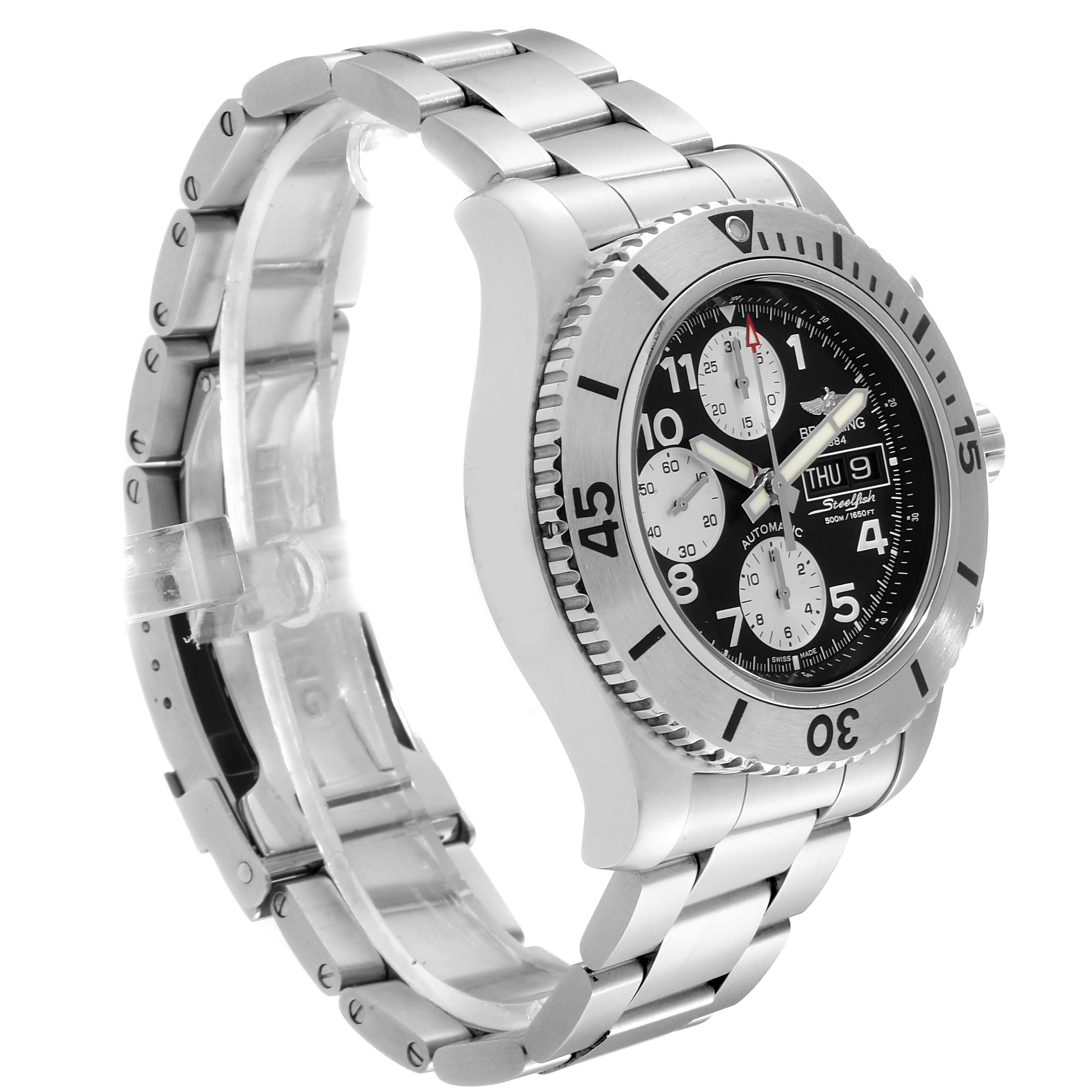 The image shows a Breitling Superocean A13341C3/BD19 Men's Stainless Steel Black Dial A13341C3/BD19 Men's Stainless Steel Black Dial watch angled slightly to the right, highlighting its bezel, dial, and stainless steel bracelet.