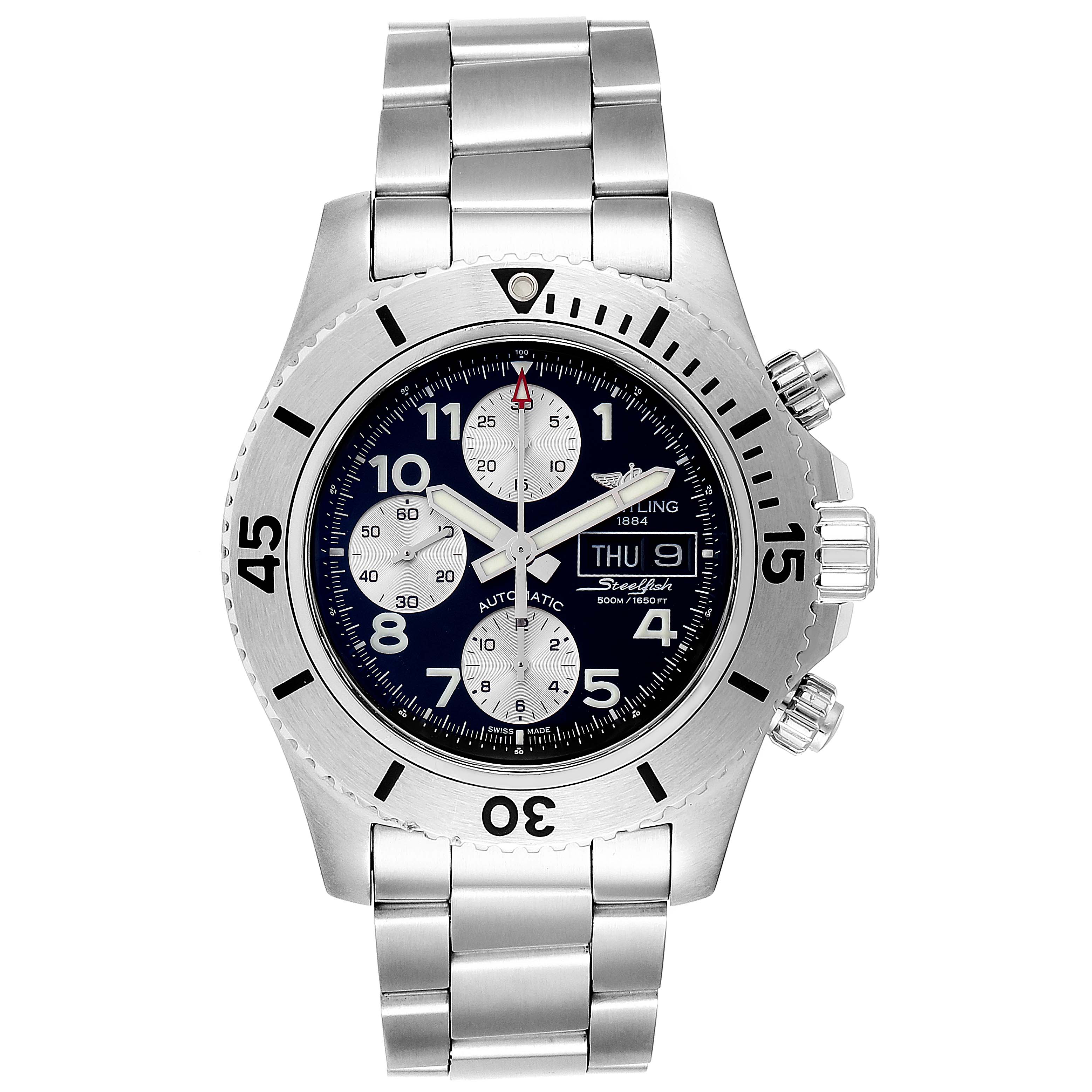 The image shows a front view of a Breitling Superocean A13341C3/BD19 Men's Stainless Steel Black Dial A13341C3/BD19 Men's Stainless Steel Black Dial watch, highlighting its dial, bezel, and bracelet.