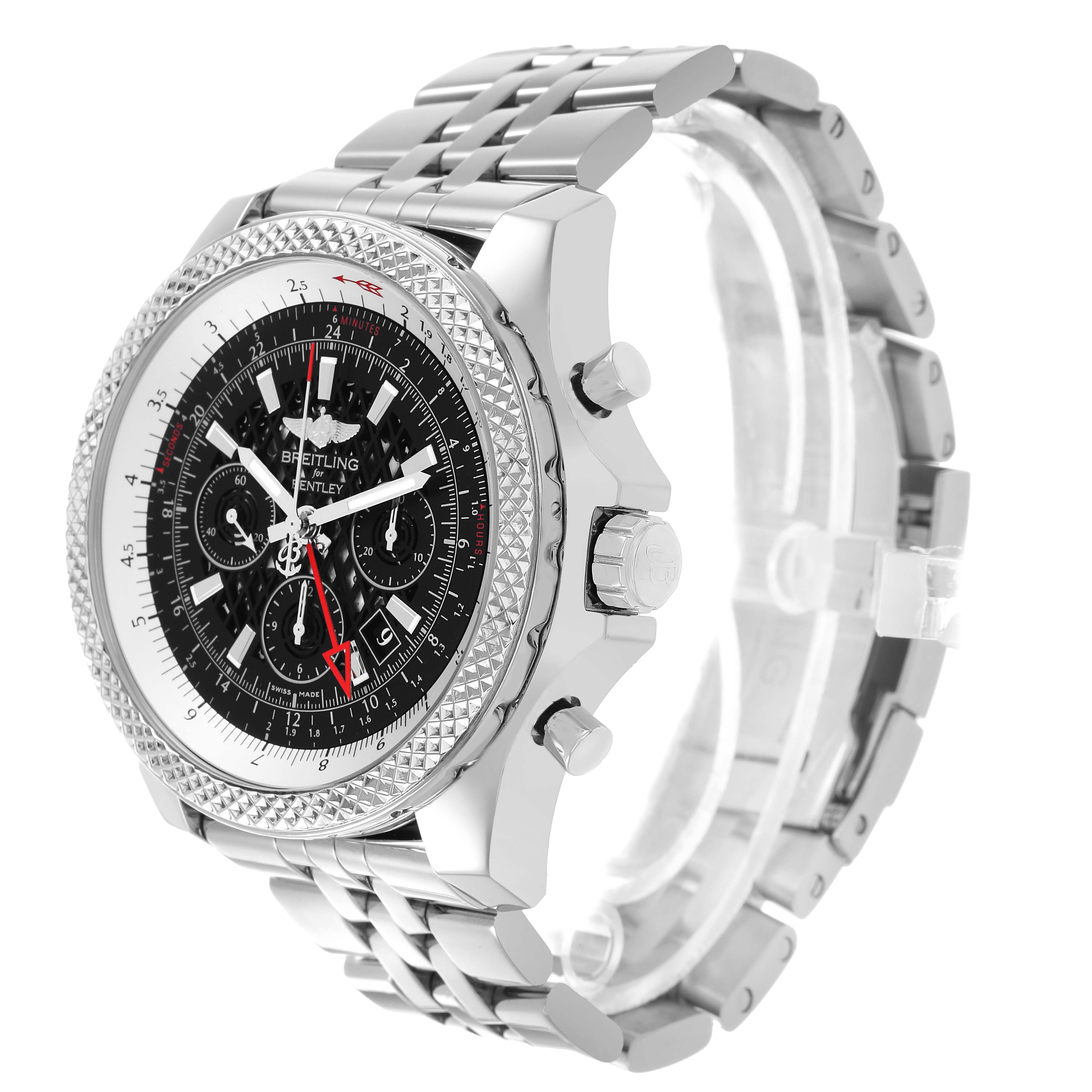 The Breitling Bentley AB0431 Men's Stainless Steel Black Dial watch is shown at an angle highlighting the dial, bezel, crown, and pushers, with a full view of the bracelet.