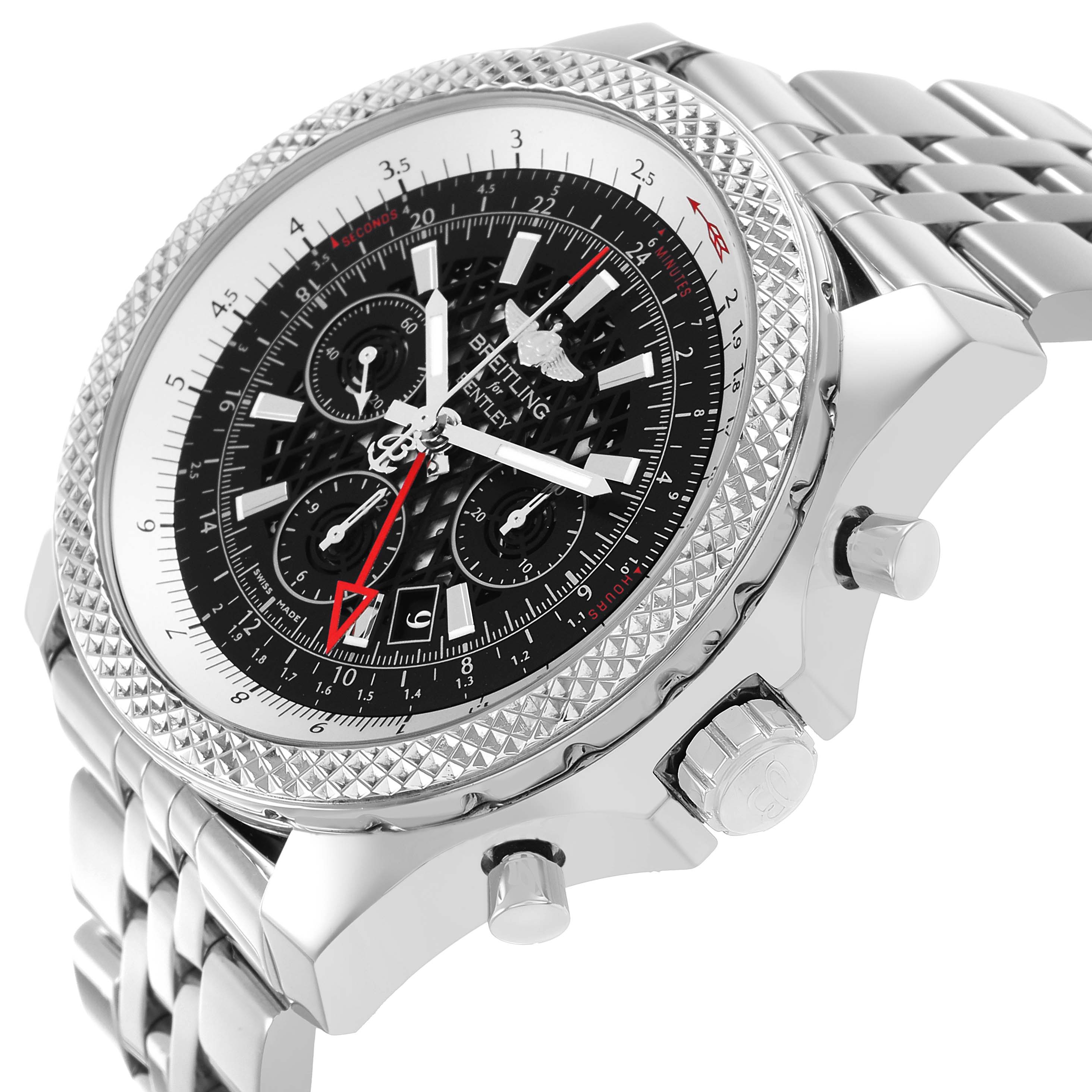 The Breitling Bentley AB0431 Men's Stainless Steel Black Dial model watch is shown at an angled side view, highlighting its bezel, dial, and chronograph pushers.