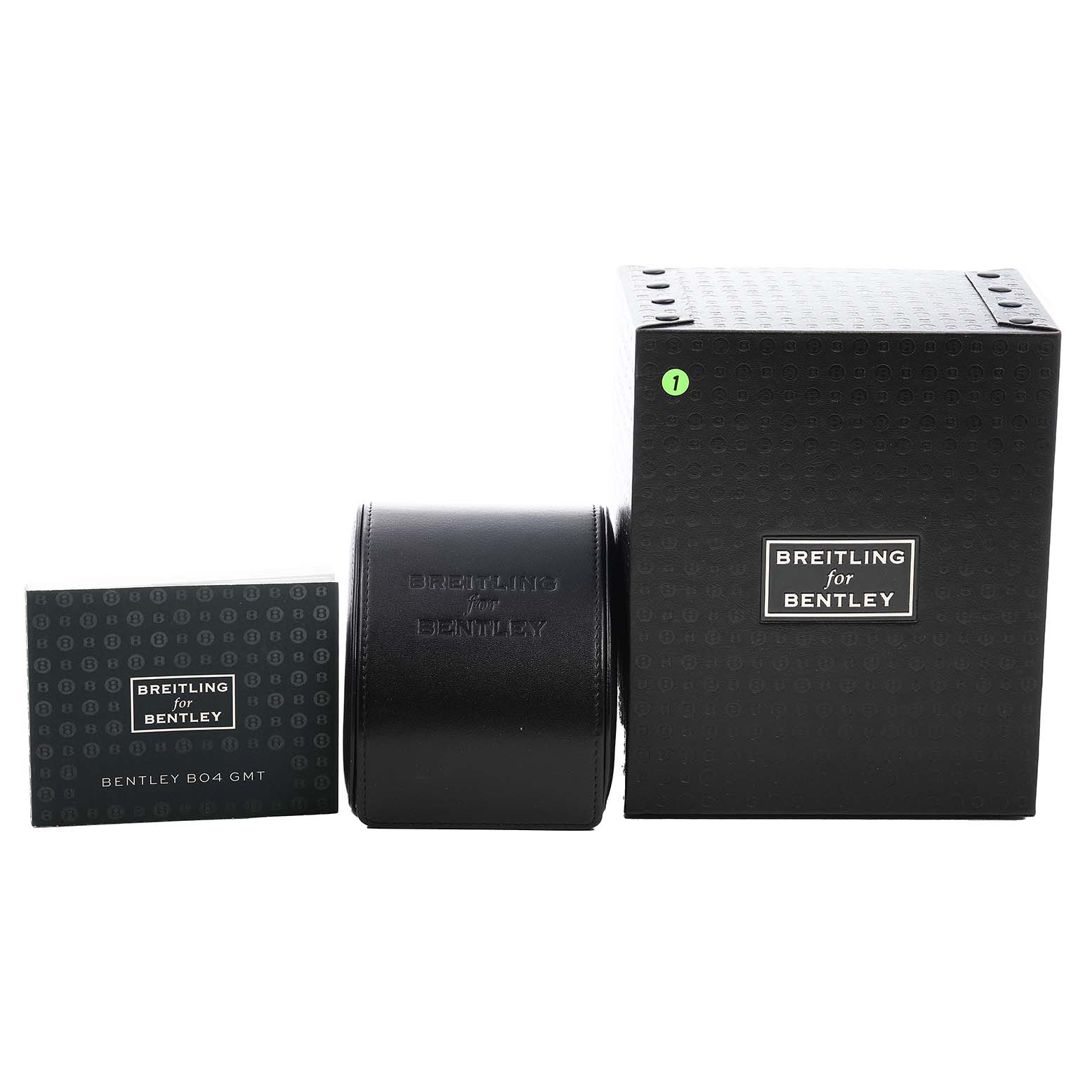 The image shows the Breitling for Bentley watch packaging, including the box, carrying case, and instruction booklet.