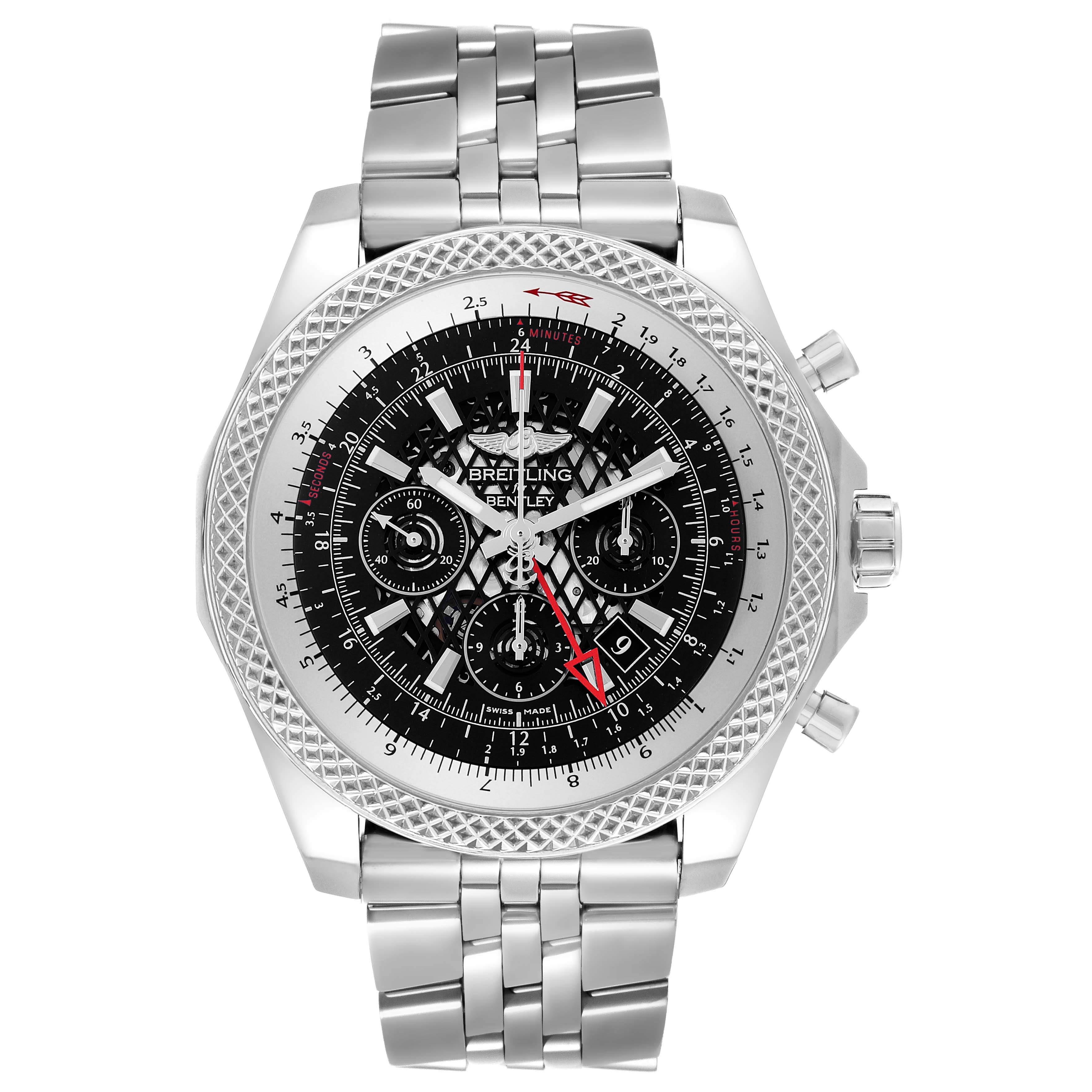 The Bentley model by Breitling is shown from a front angle, displaying the face, bezel, and bracelet.