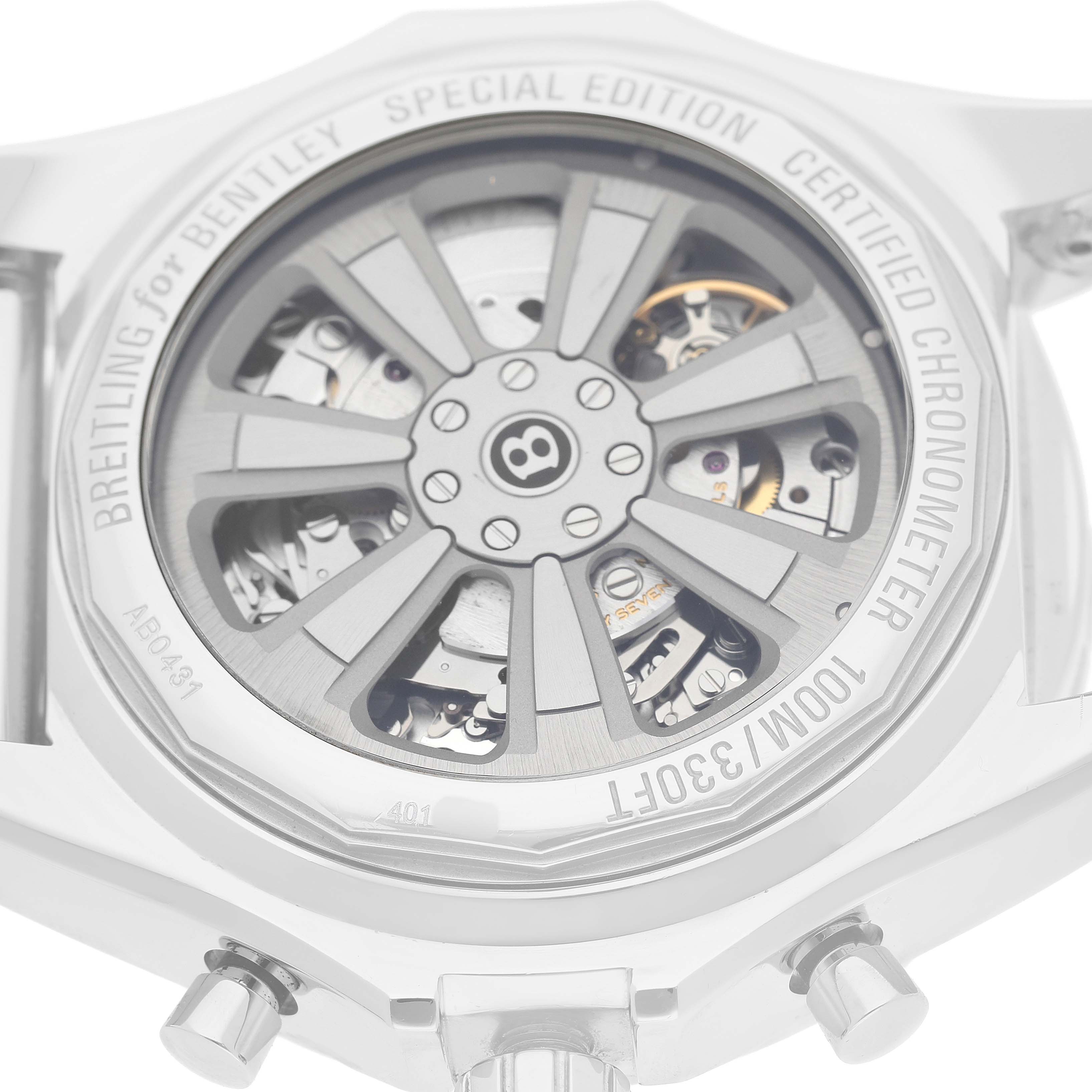 The image shows the case back of the Breitling Bentley AB0431 Men's Stainless Steel Black Dial watch, highlighting its intricate rotor and movement details.