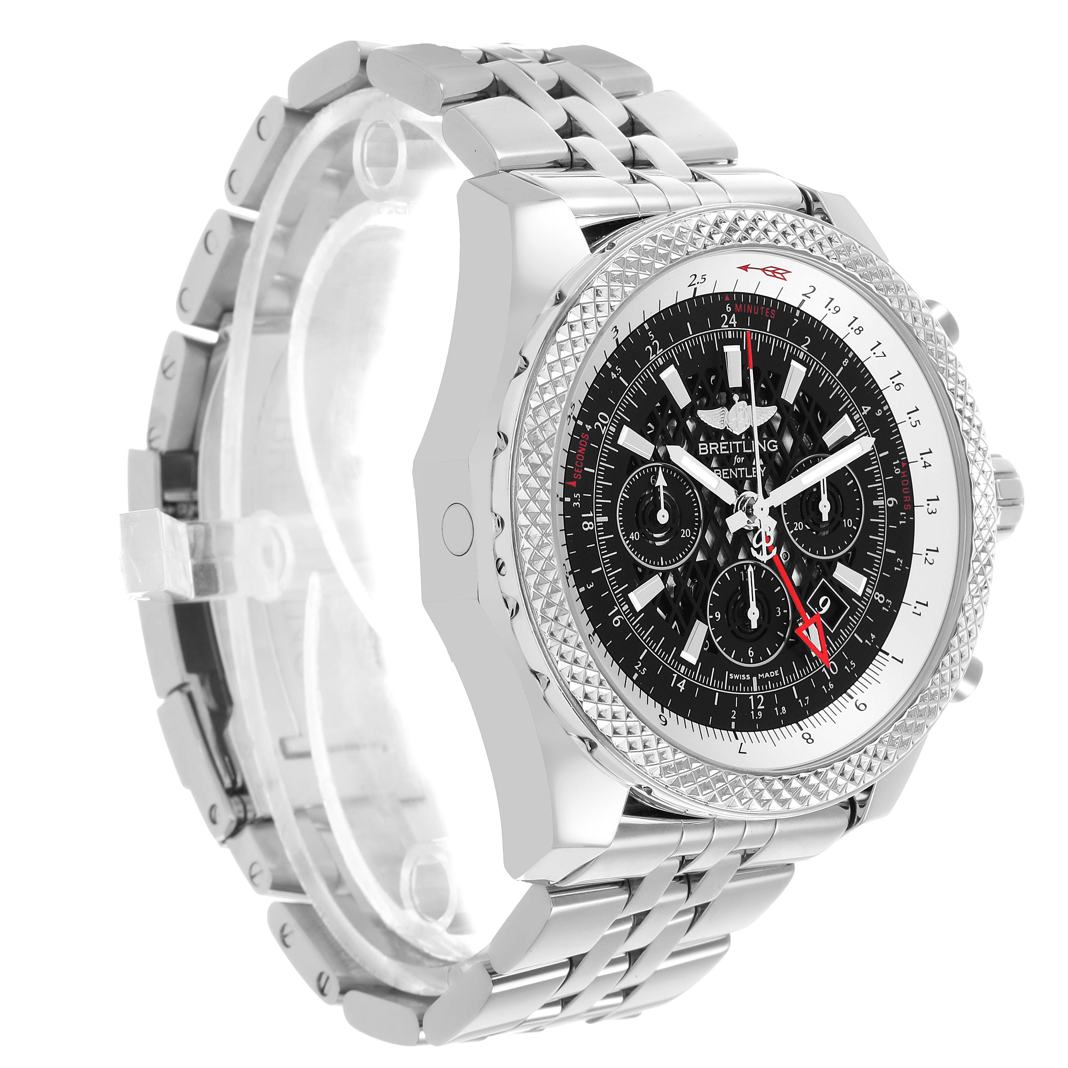 The Breitling Bentley AB0431 Men's Stainless Steel Black Dial watch is shown at a three-quarter angle highlighting the face, bezel, and metal bracelet.