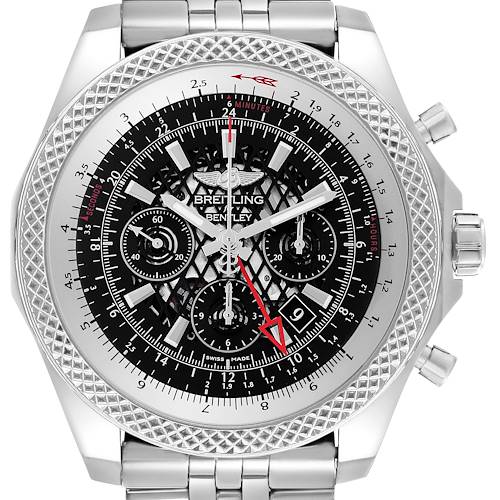 The Breitling Bentley AB0431 Men's Stainless Steel Black Dial watch is shown from the front, highlighting the dial, bezel, subdials, and bracelet.