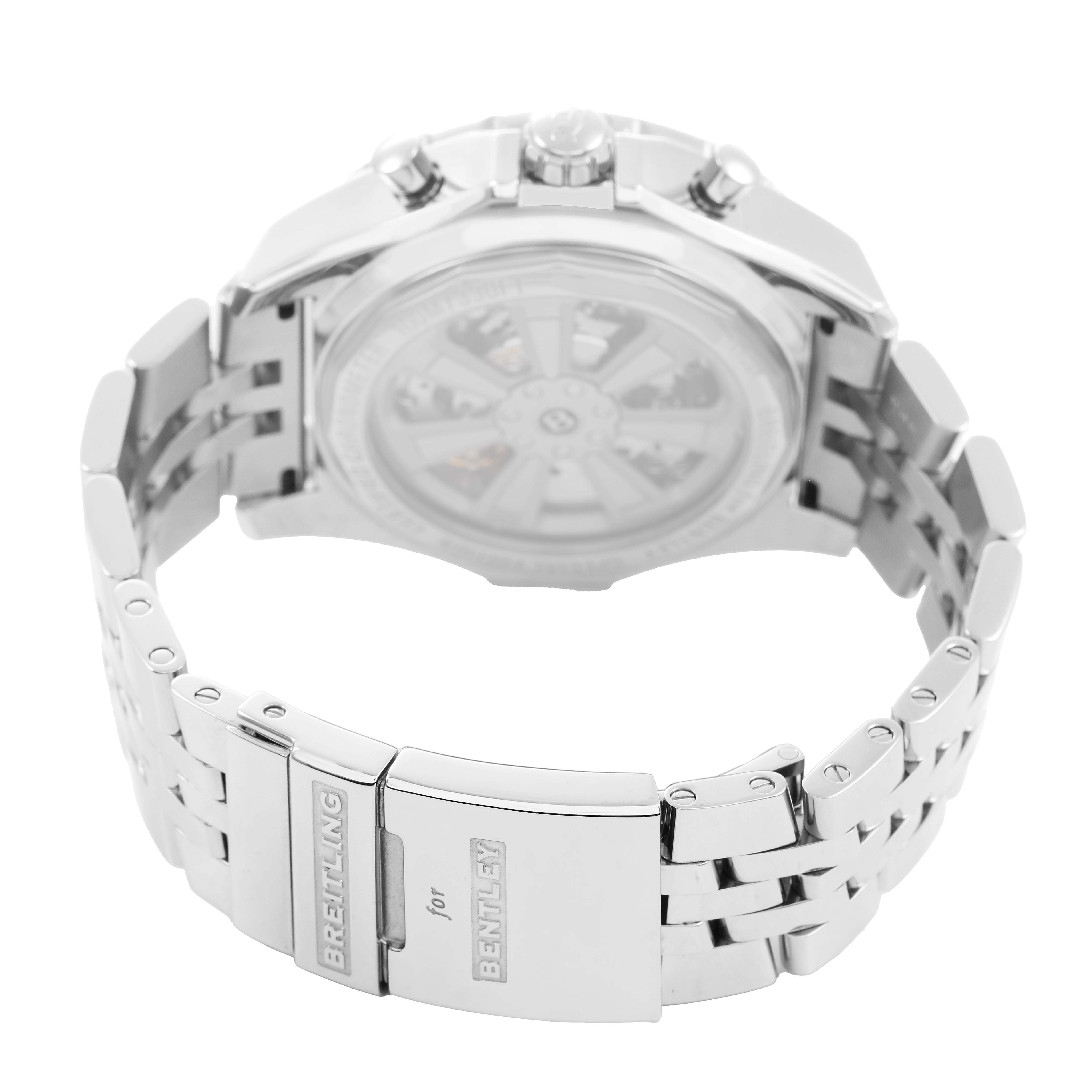 The image shows the back and bracelet of a Breitling for Bentley watch, highlighting the clasp and band links.