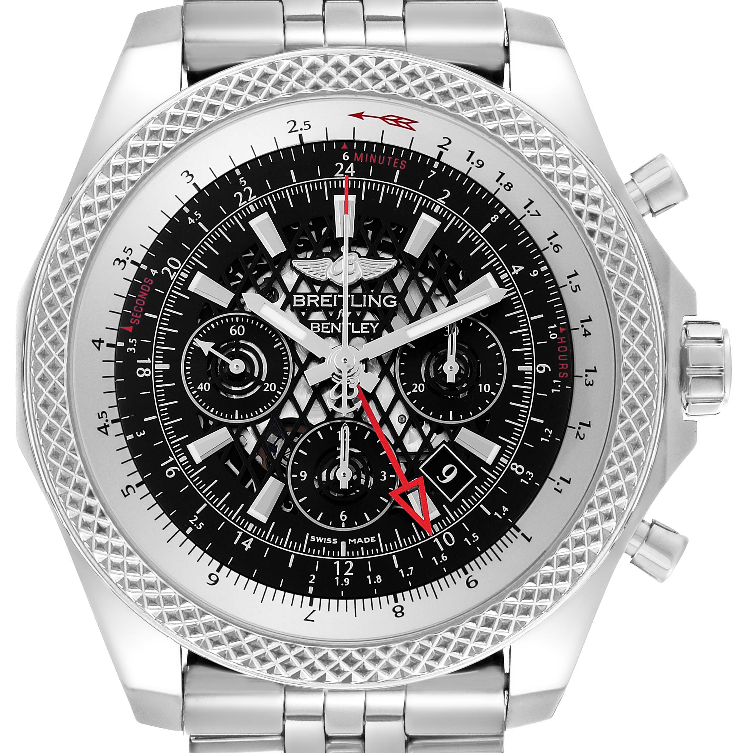 The Breitling Bentley AB0431 Men's Stainless Steel Black Dial watch is shown from a front angle, highlighting its face, bezel, crown, pushers, and part of the bracelet.