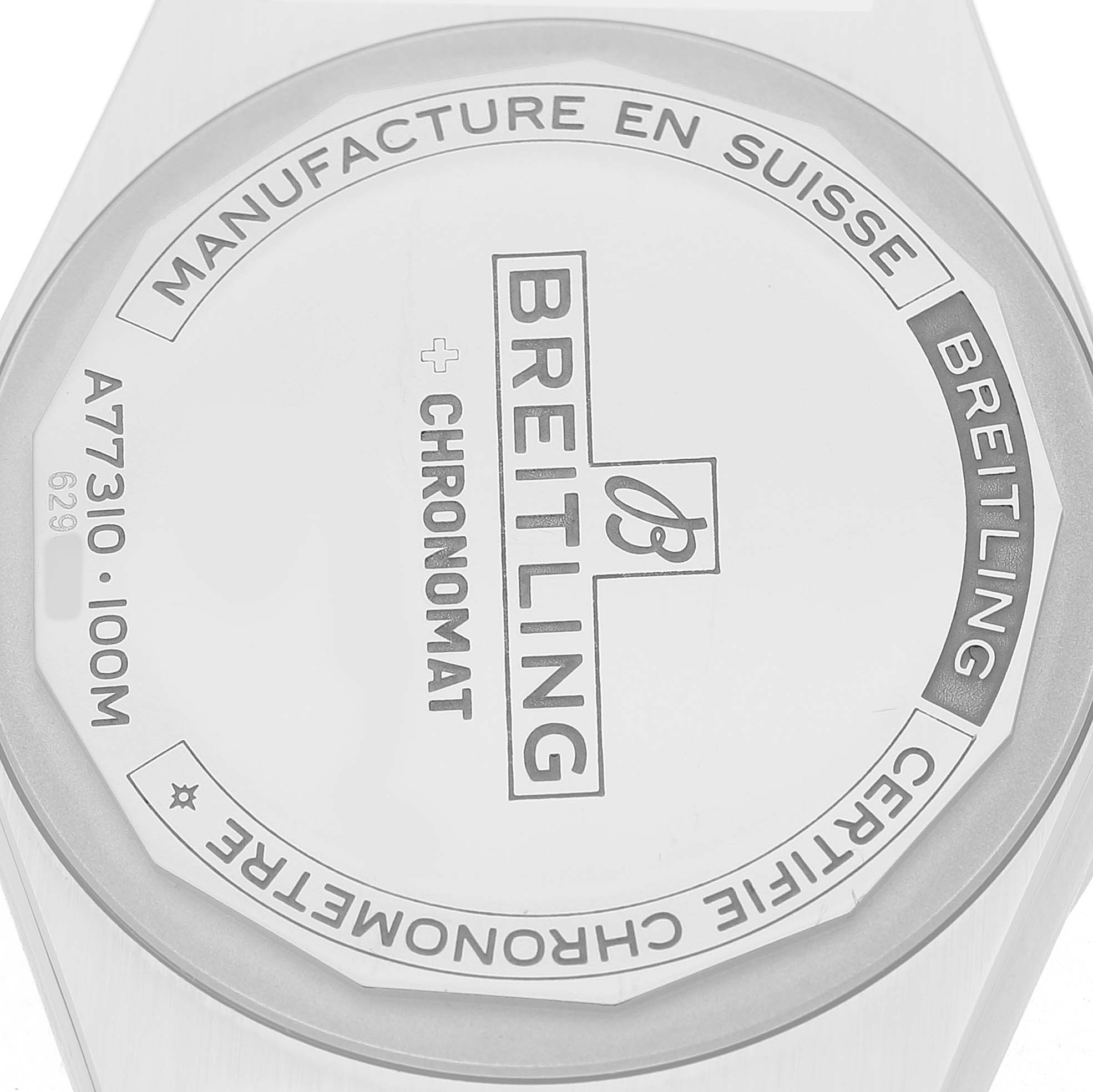 The image shows the back case of the Breitling A77310591A1A1 Women's Stainless Steel Silver Dial Chronomat 32 Silver Diamond Steel Ladies Watch, model A77310, featuring branding and specifications.