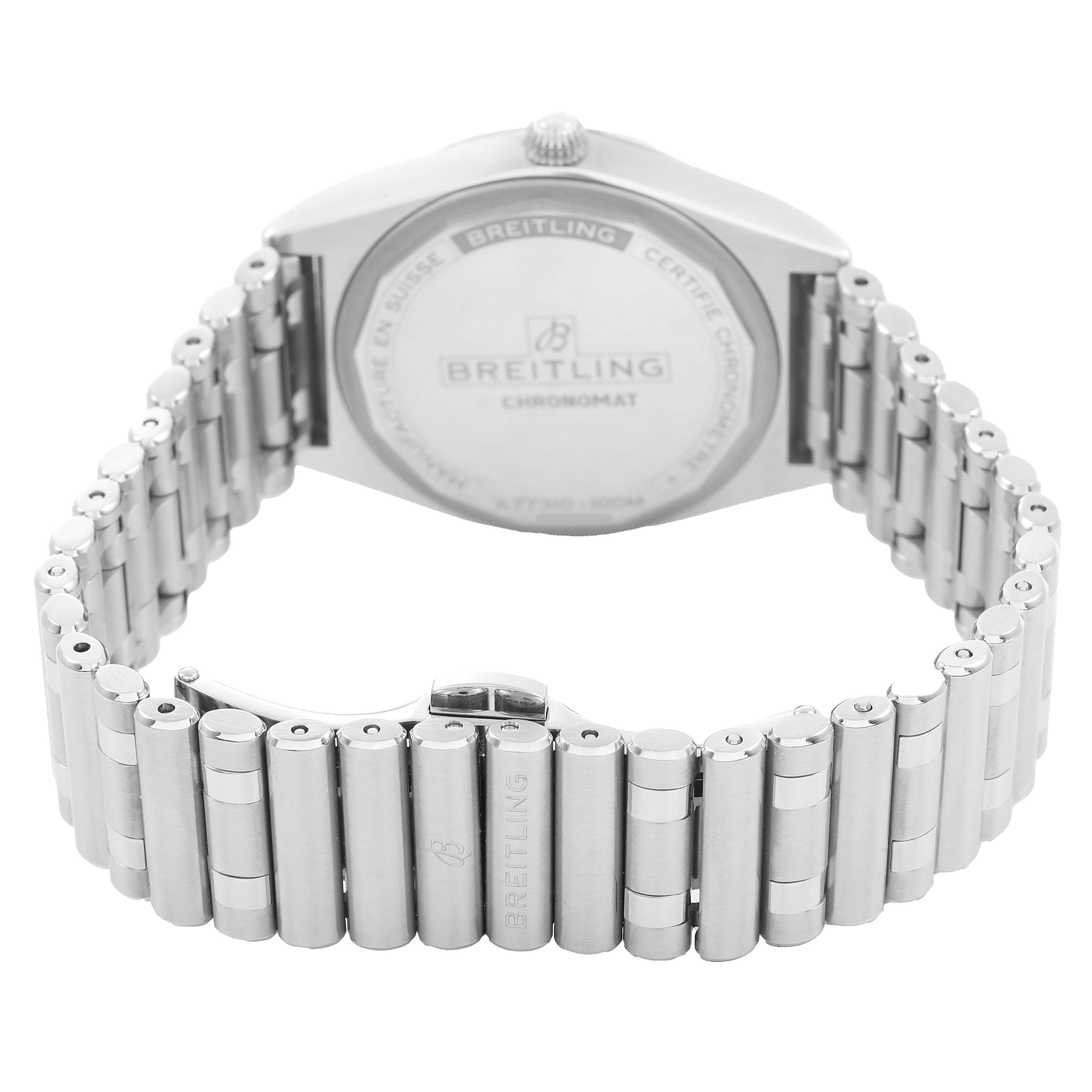 The Breitling A77310591A1A1 Women's Stainless Steel Silver Dial Chronomat 32 Silver Diamond Steel Ladies Watch A77310 is shown from the rear, featuring the case back and bracelet.