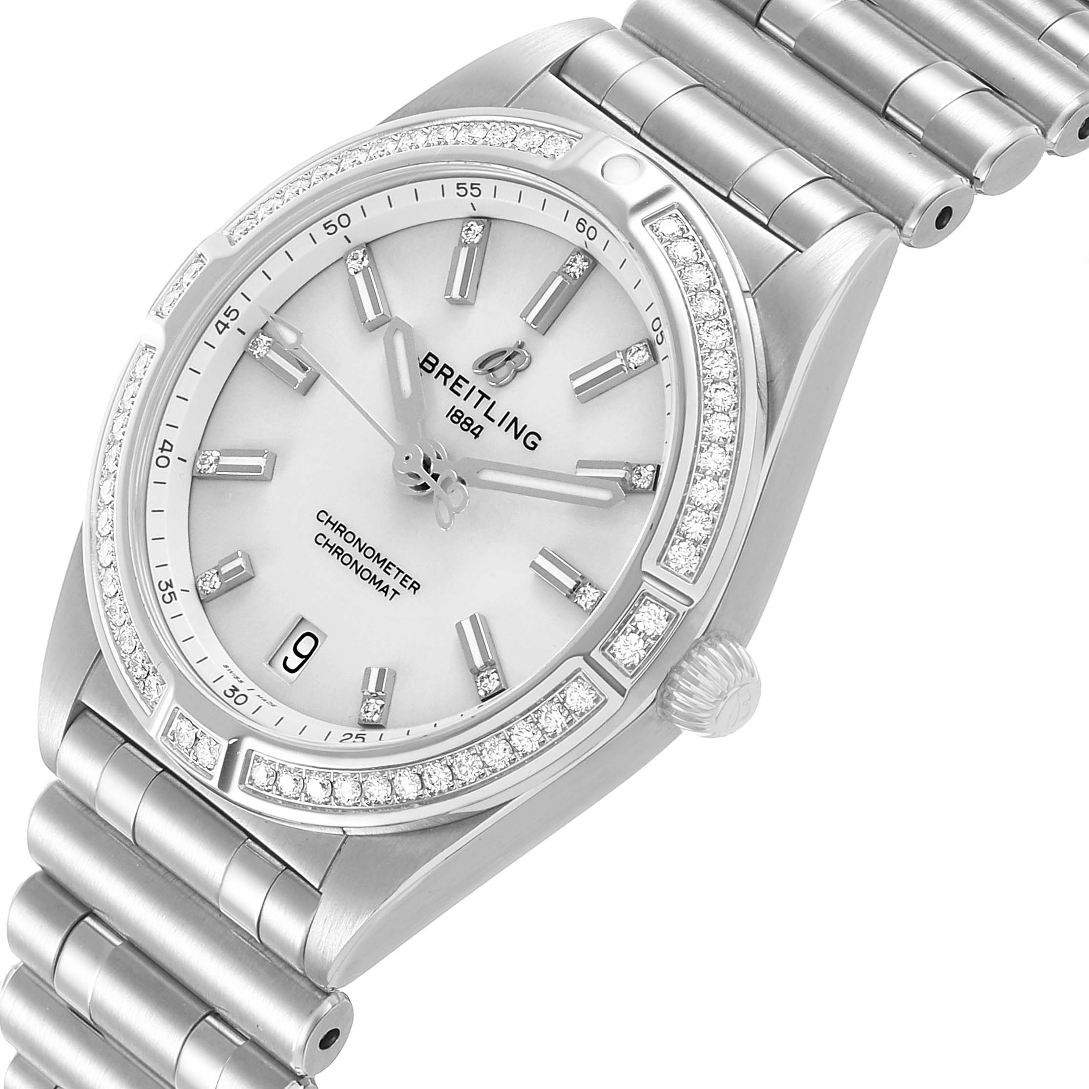 The Breitling A77310591A1A1 Women's Stainless Steel Silver Dial Chronomat 32 is shown from a front angle, highlighting the silver dial, diamond-encrusted bezel, and stainless steel bracelet.