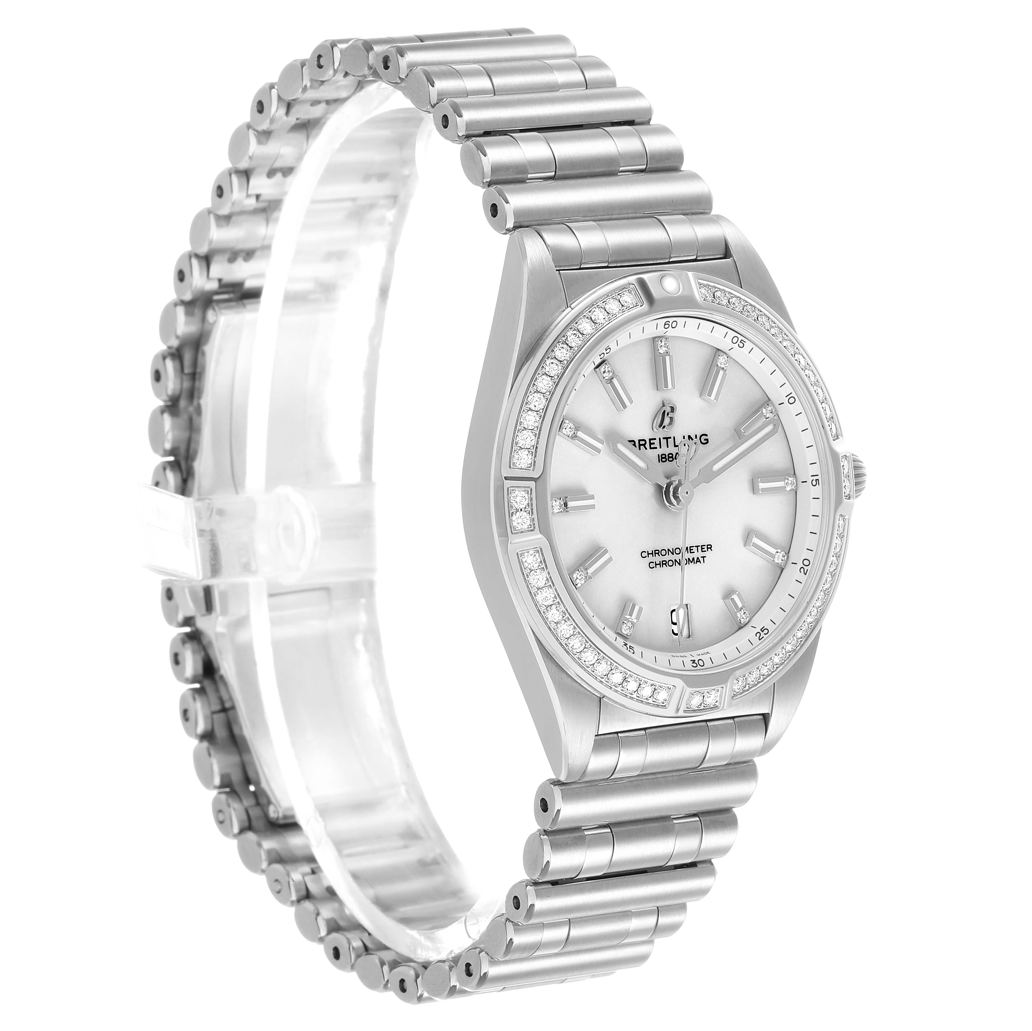 The Breitling A77310591A1A1 Women's Stainless Steel Silver Dial Chronomat 32 Silver Diamond Steel Ladies Watch A77310 is shown at an angled side view, highlighting the dial, bezel, and bracelet.