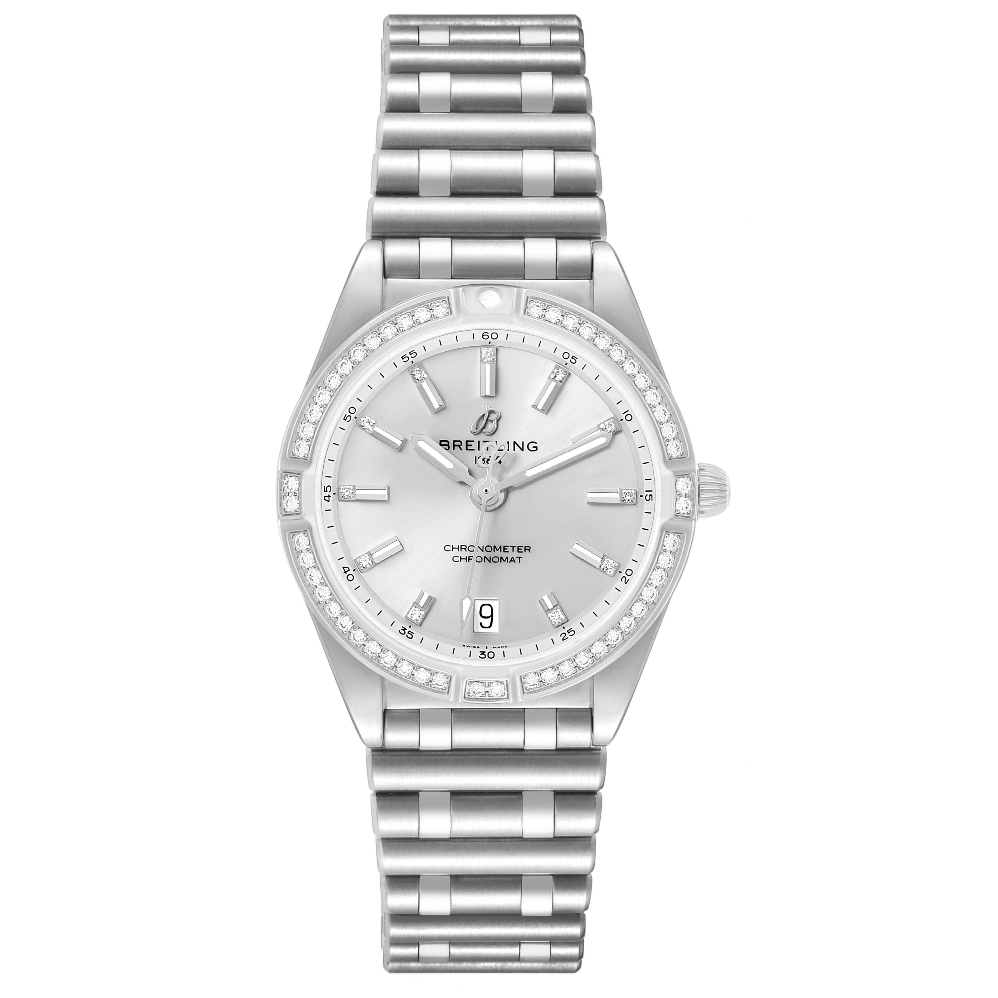 The Breitling A77310591A1A1 Women's Stainless Steel Silver Dial Chronomat 32 Silver Diamond Steel Ladies Watch A77310 is shown from a front angle, displaying the dial and bracelet.