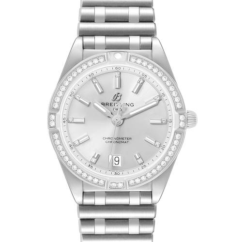 The Breitling A77310591A1A1 Women's Stainless Steel Silver Dial Chronomat 32 Silver Diamond Steel Ladies Watch A77310 is shown from a front angle, displaying the dial, bezel, and bracelet.