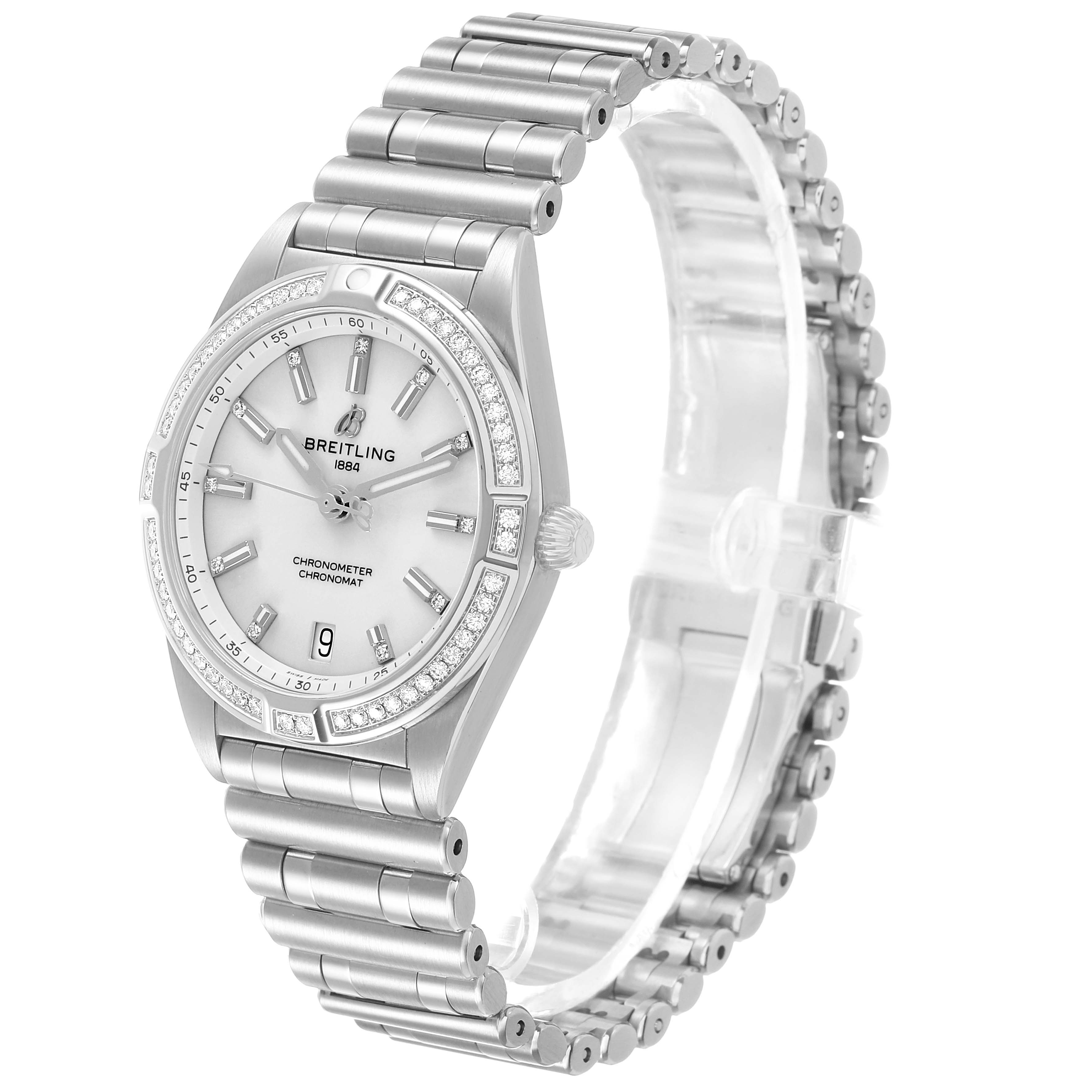 The Breitling A77310591A1A1 Women's Stainless Steel Silver Dial Chronomat 32 Silver Diamond Steel Ladies Watch A77310 is shown at an angled side view, highlighting the bracelet and face.