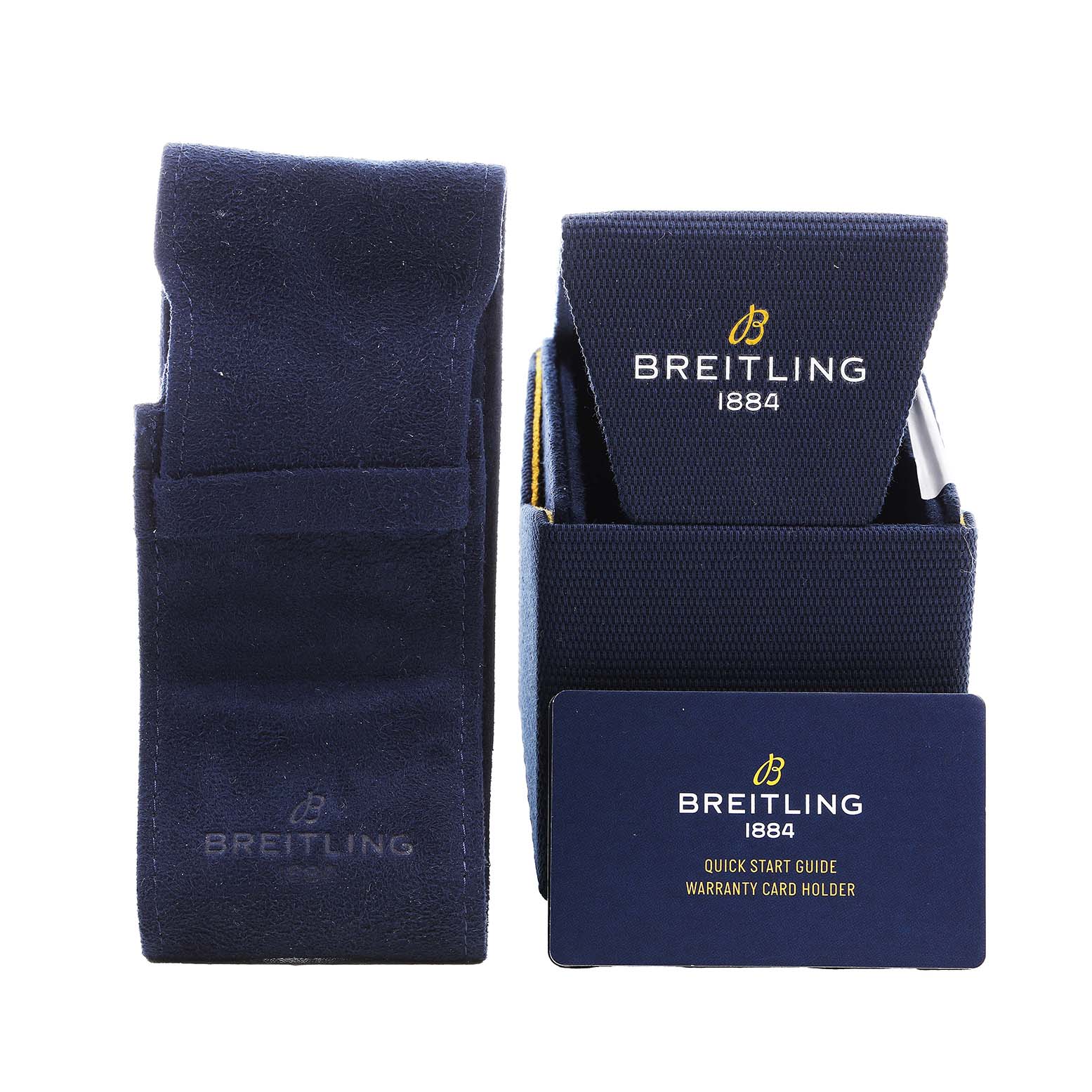 The image shows the packaging and accessories for the Breitling A77310591A1A1 Women's Stainless Steel Silver Dial Chronomat 32, including a box, pouch, and warranty card.