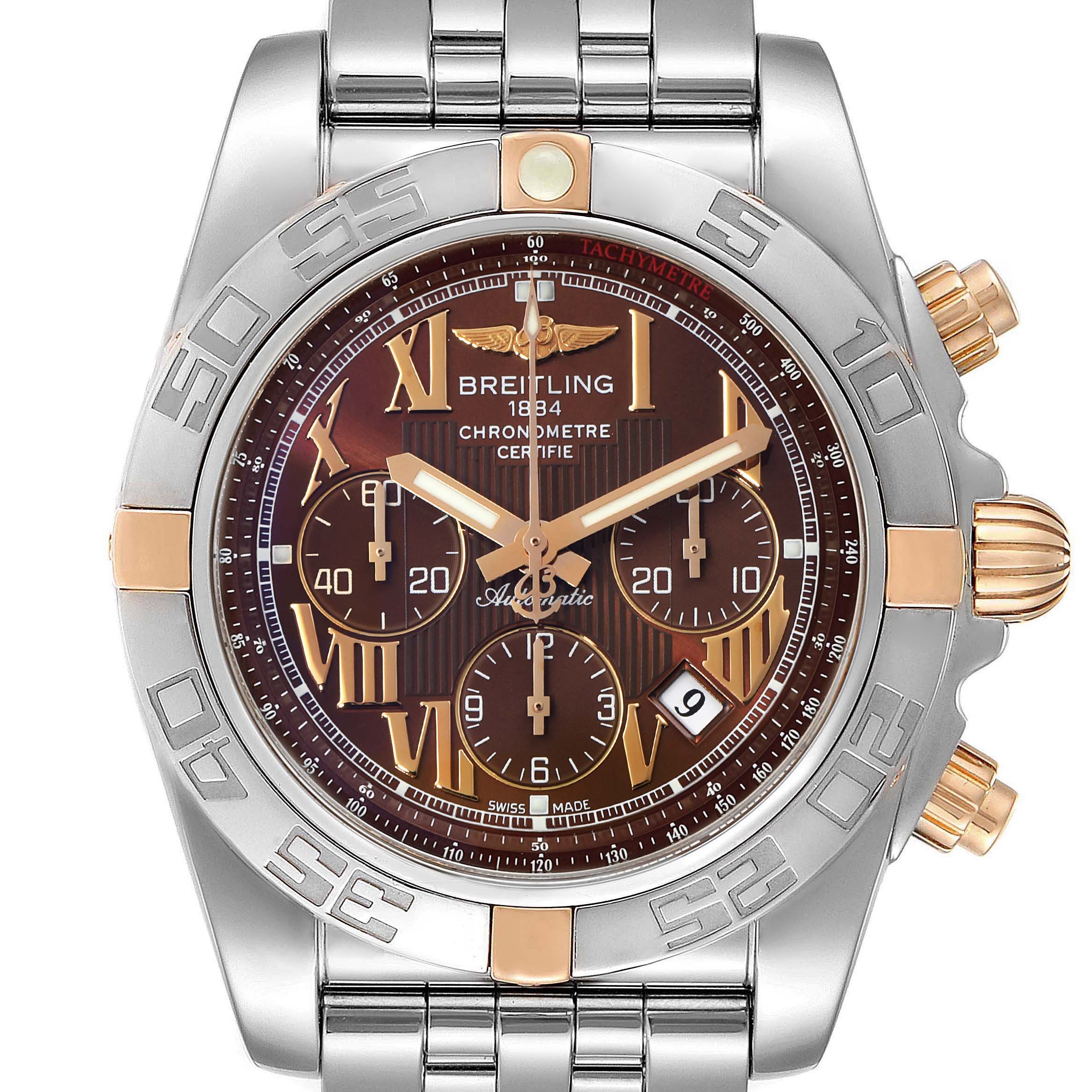 The Breitling Chronomat IB0110 Men
s Stainless Steel Brown Dial IB0110 Men
s Stainless Steel Brown Dial watch is shown from the front, displaying the dial, bezel, sub-dials, crown, and part of the bracelet.