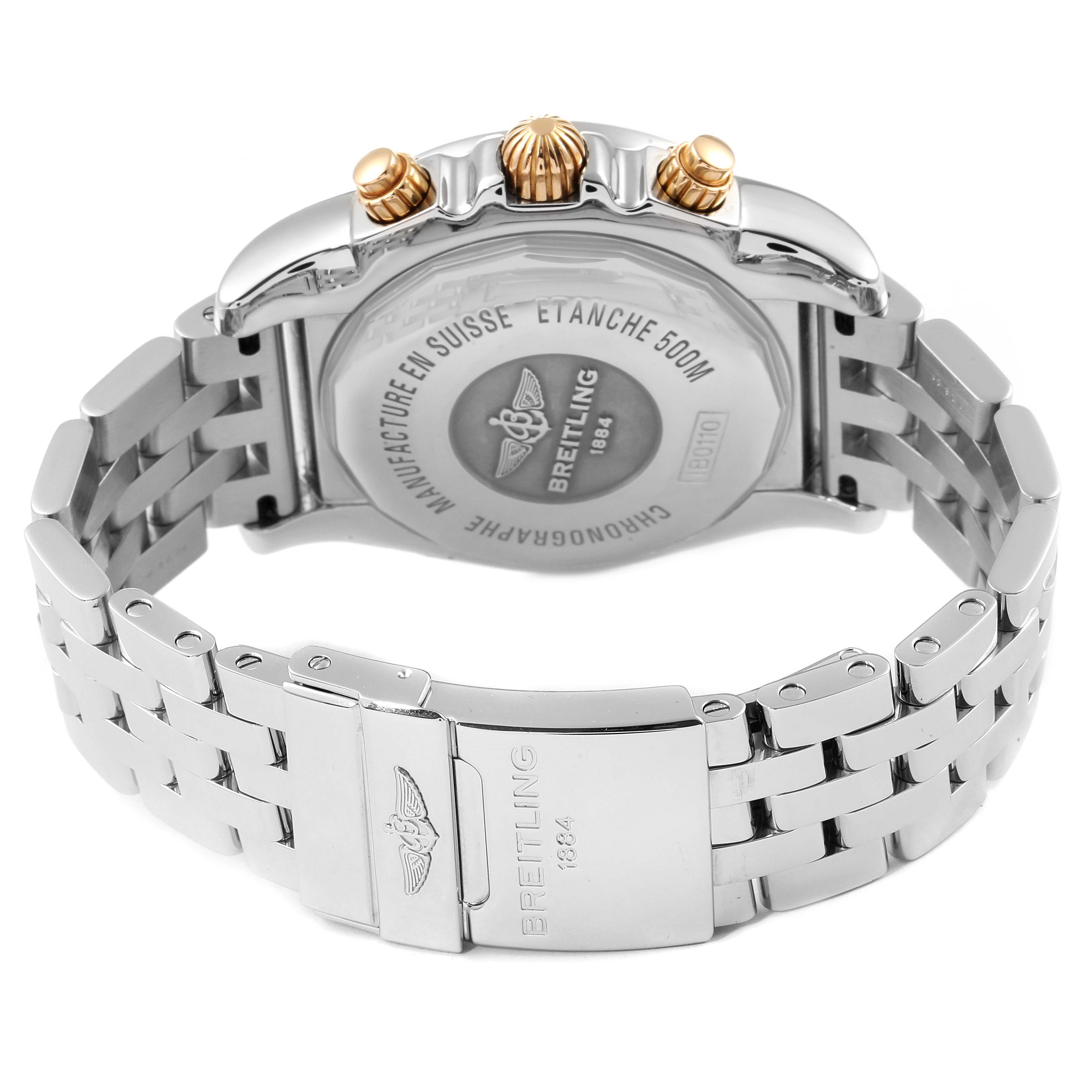 The image shows the back case, crown, and band clasp of a Breitling Chronomat IB0110 Men
s Stainless Steel Brown Dial IB0110 Men
s Stainless Steel Brown Dial watch from a rear angle.