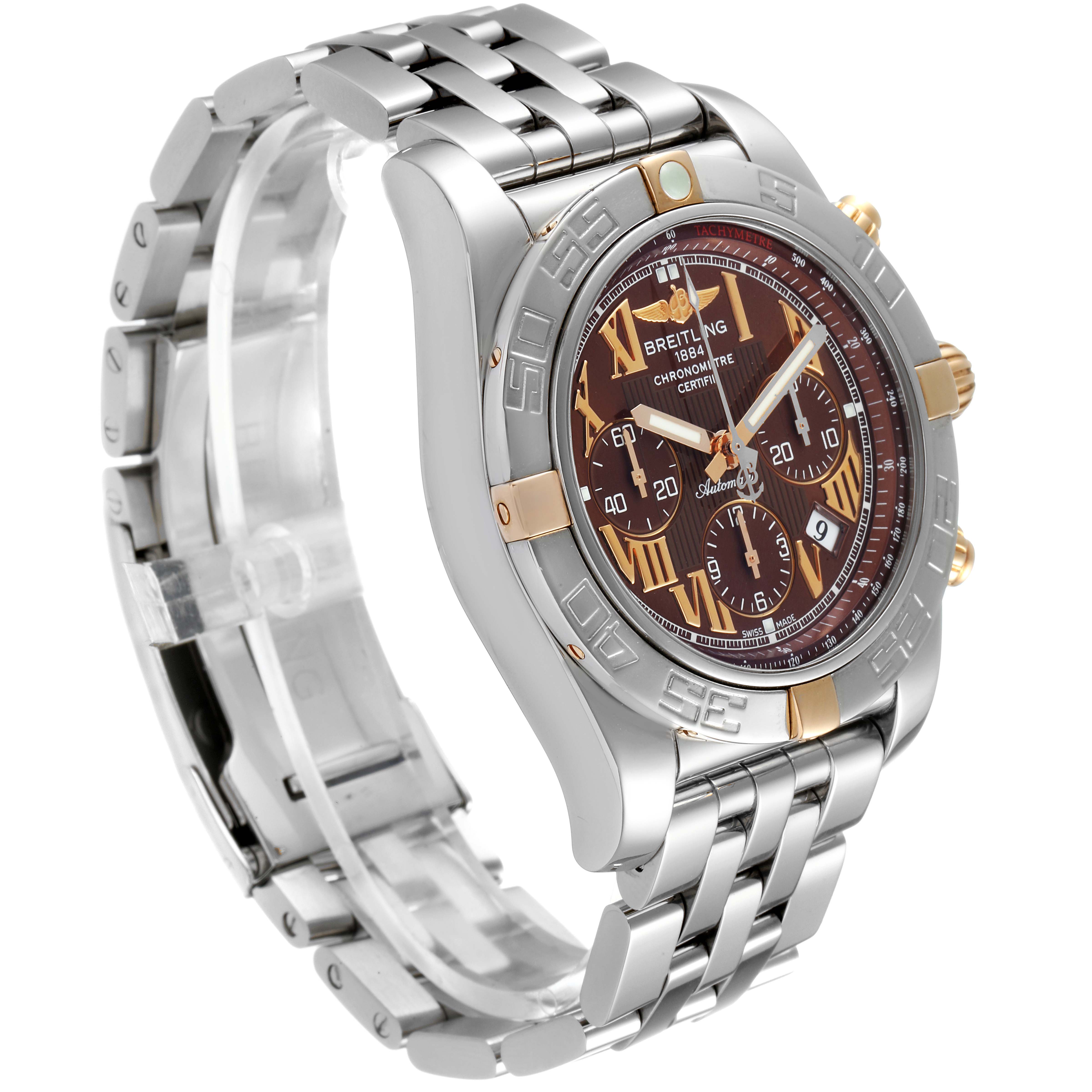 The image shows a Breitling Chronomat IB0110 Men
s Stainless Steel Brown Dial IB0110 Men
s Stainless Steel Brown Dial watch at a three-quarter angle, highlighting its face, bezel, crown, and bracelet.
