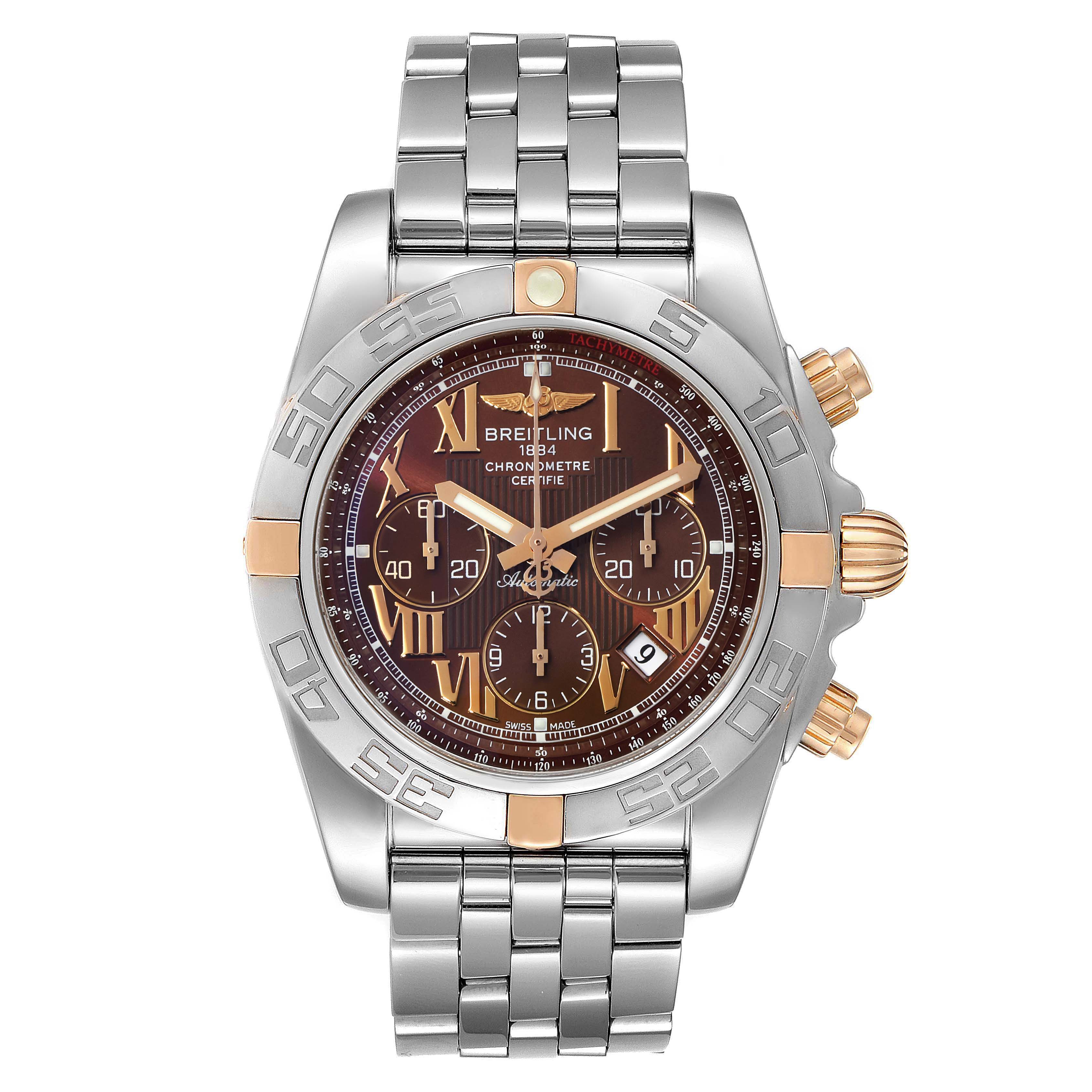 The image shows a frontal view of a Breitling Chronomat IB0110 Men
s Stainless Steel Brown Dial IB0110 Men
s Stainless Steel Brown Dial watch, highlighting its bezel, dial, bracelet, and chronograph buttons.