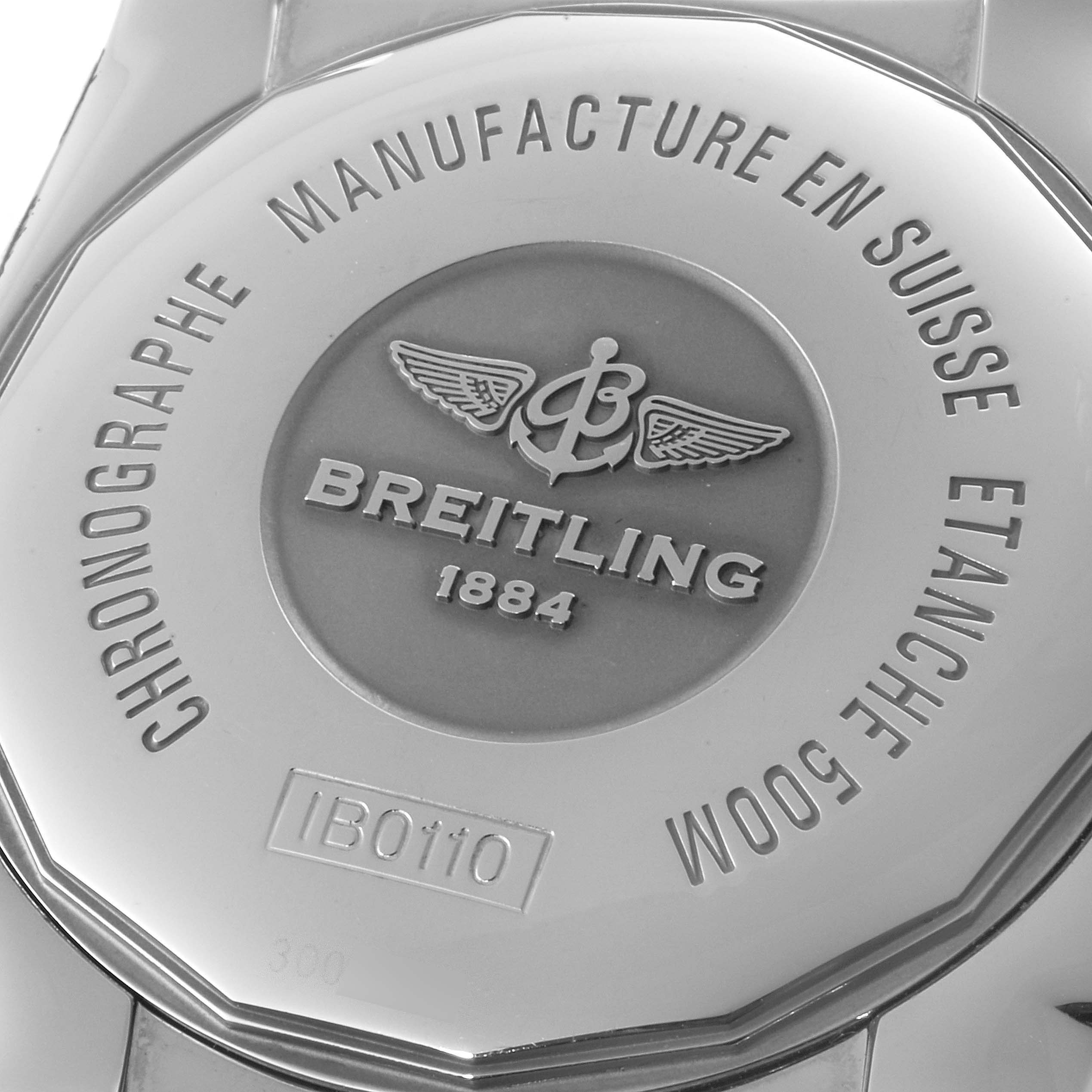 The image shows the case back of a Breitling Chronomat IB0110 Men
s Stainless Steel Brown Dial IB0110 Men
s Stainless Steel Brown Dial watch with branding and model information.
