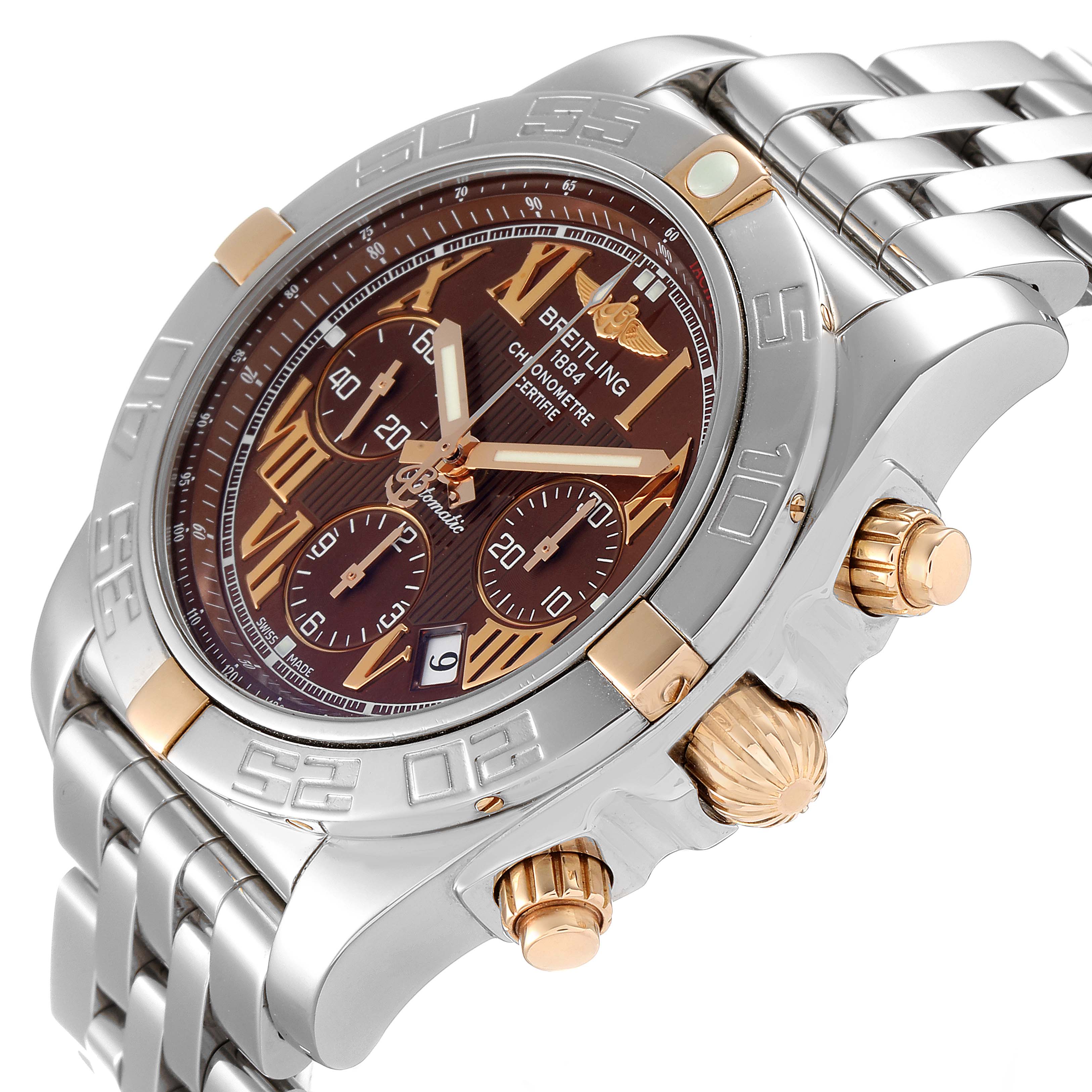This image shows a side and partial front view of a Breitling Chronomat IB0110 Men
s Stainless Steel Brown Dial IB0110 Men
s Stainless Steel Brown Dial watch, highlighting its face, bezel, crown, and bracelet.