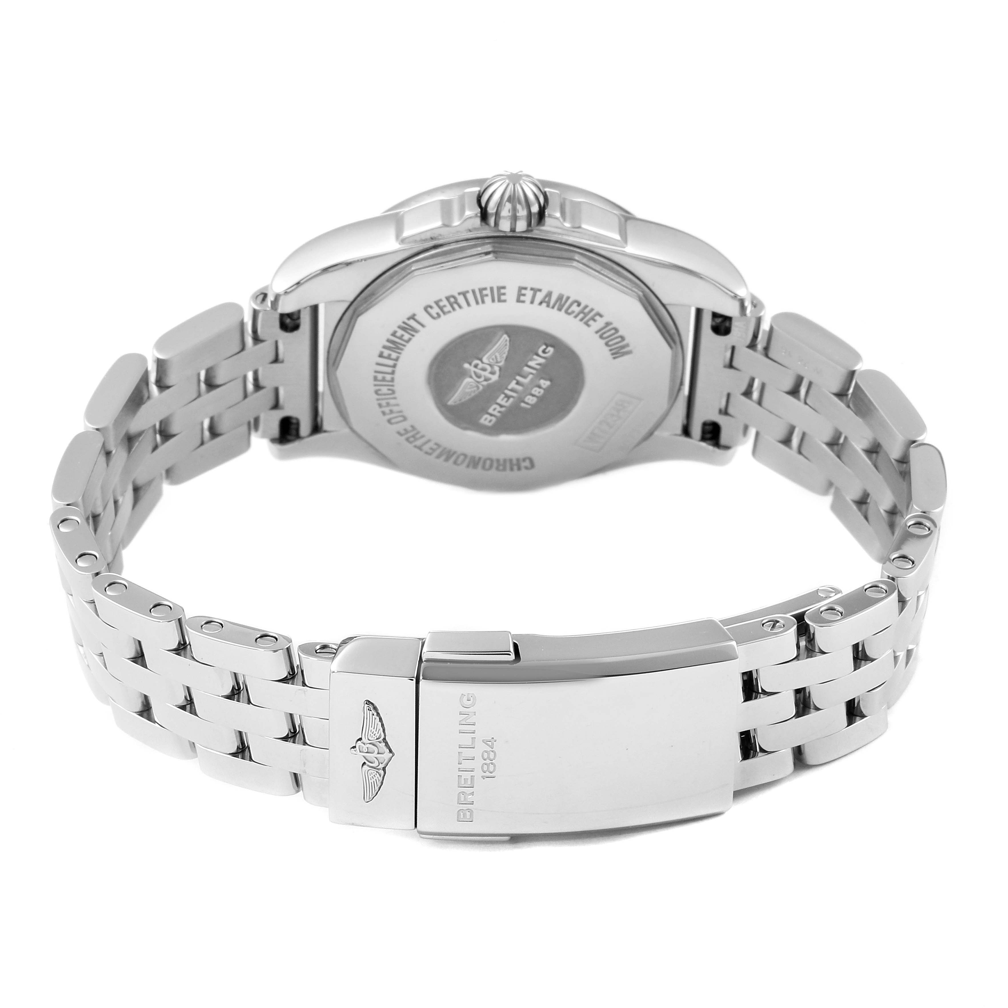 This image shows the back case, clasp, and stainless steel bracelet of the Breitling W72348 Women's Stainless Steel Black Dial W72348 Women's Stainless Steel Black Dial Galactic 29 Diamond Dial Steel Ladies Watch W72348.