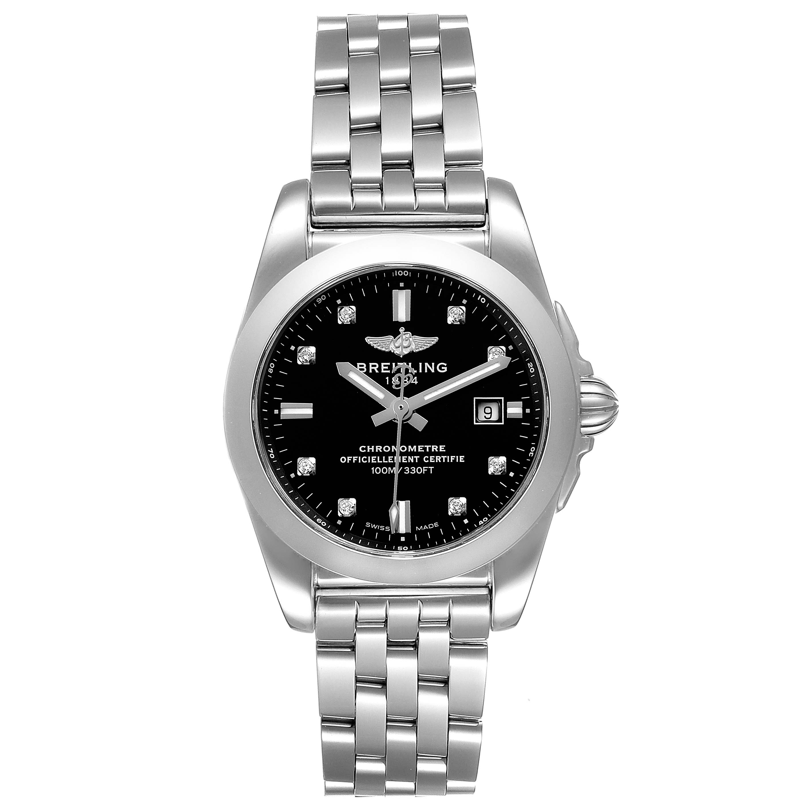 The Breitling W72348 Women's Stainless Steel Black Dial W72348 Women's Stainless Steel Black Dial Galactic 29 Diamond Dial Steel Ladies Watch W72348 is shown head-on, displaying its face, bezel, and bracelet.