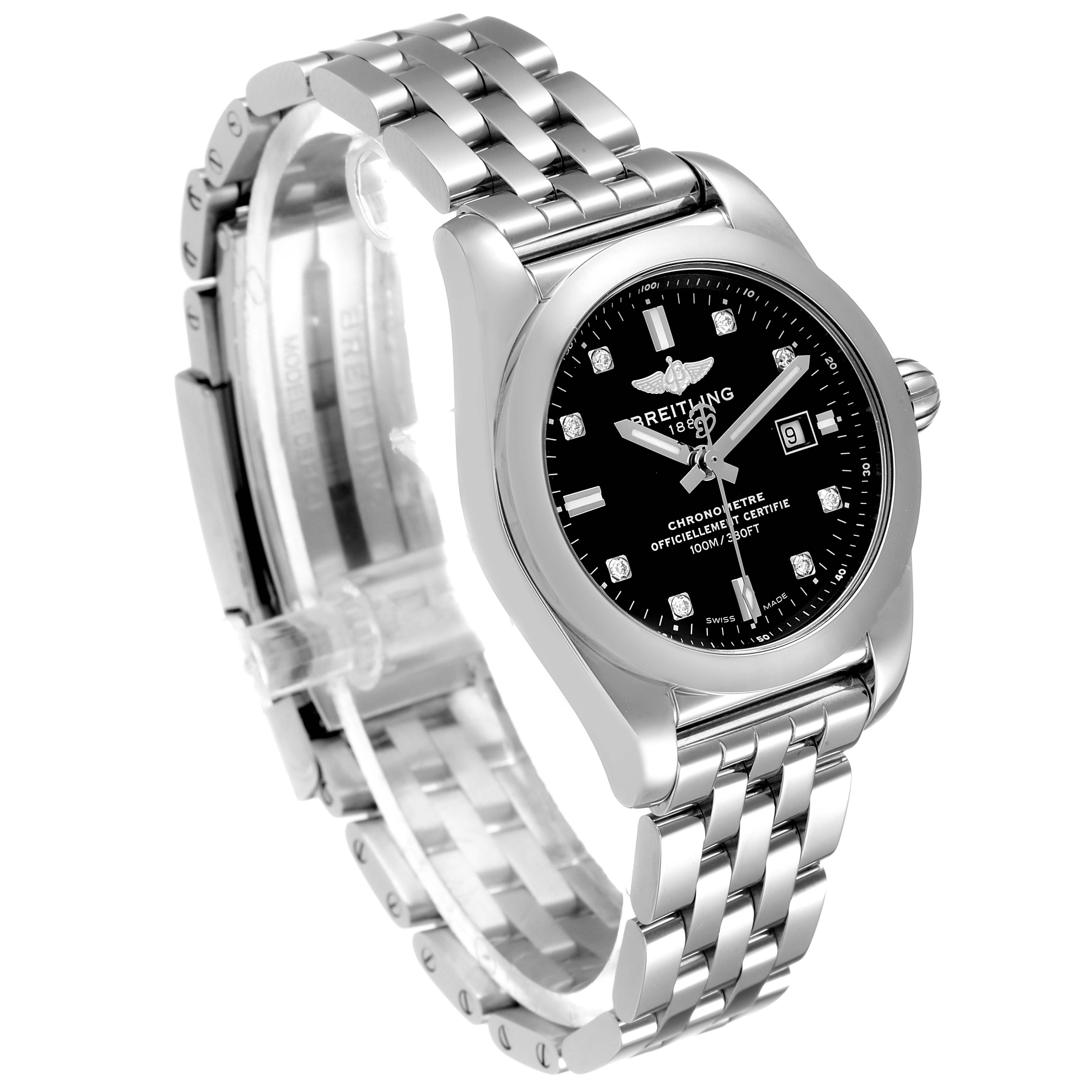 The image shows a side angle of the Breitling W72348 Women's Stainless Steel Black Dial W72348 Women's Stainless Steel Black Dial Galactic 29 Diamond Dial Steel Ladies Watch W72348, highlighting its face, bezel, and bracelet.