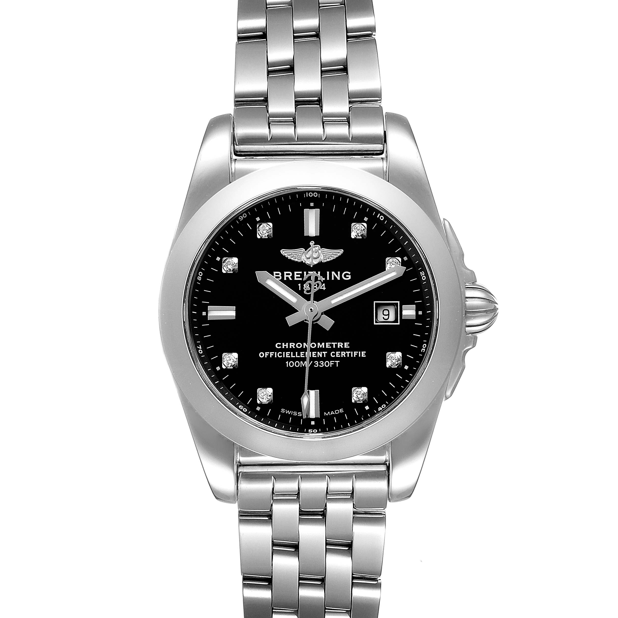 The image shows a front angle of the Breitling W72348 Women's Stainless Steel Black Dial W72348 Women's Stainless Steel Black Dial Galactic 29 Diamond Dial Steel Ladies Watch W72348, highlighting its dial, bezel, bracelet, and crown.