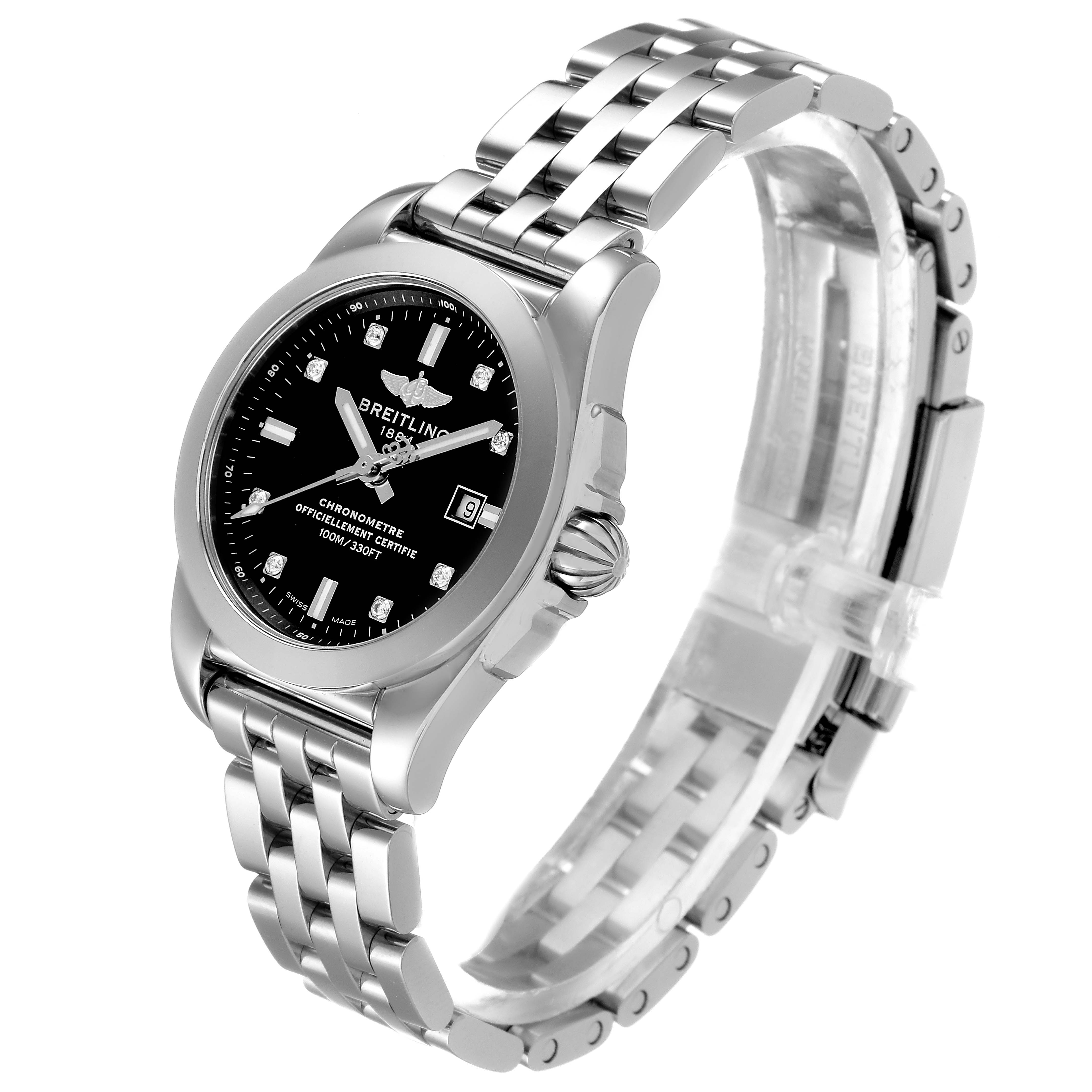 The Breitling W72348 Women's Stainless Steel Black Dial W72348 Women's Stainless Steel Black Dial Galactic 29 Diamond Dial Steel Ladies Watch W72348 is shown at a three-quarter angle, highlighting the face, bracelet, and crown.